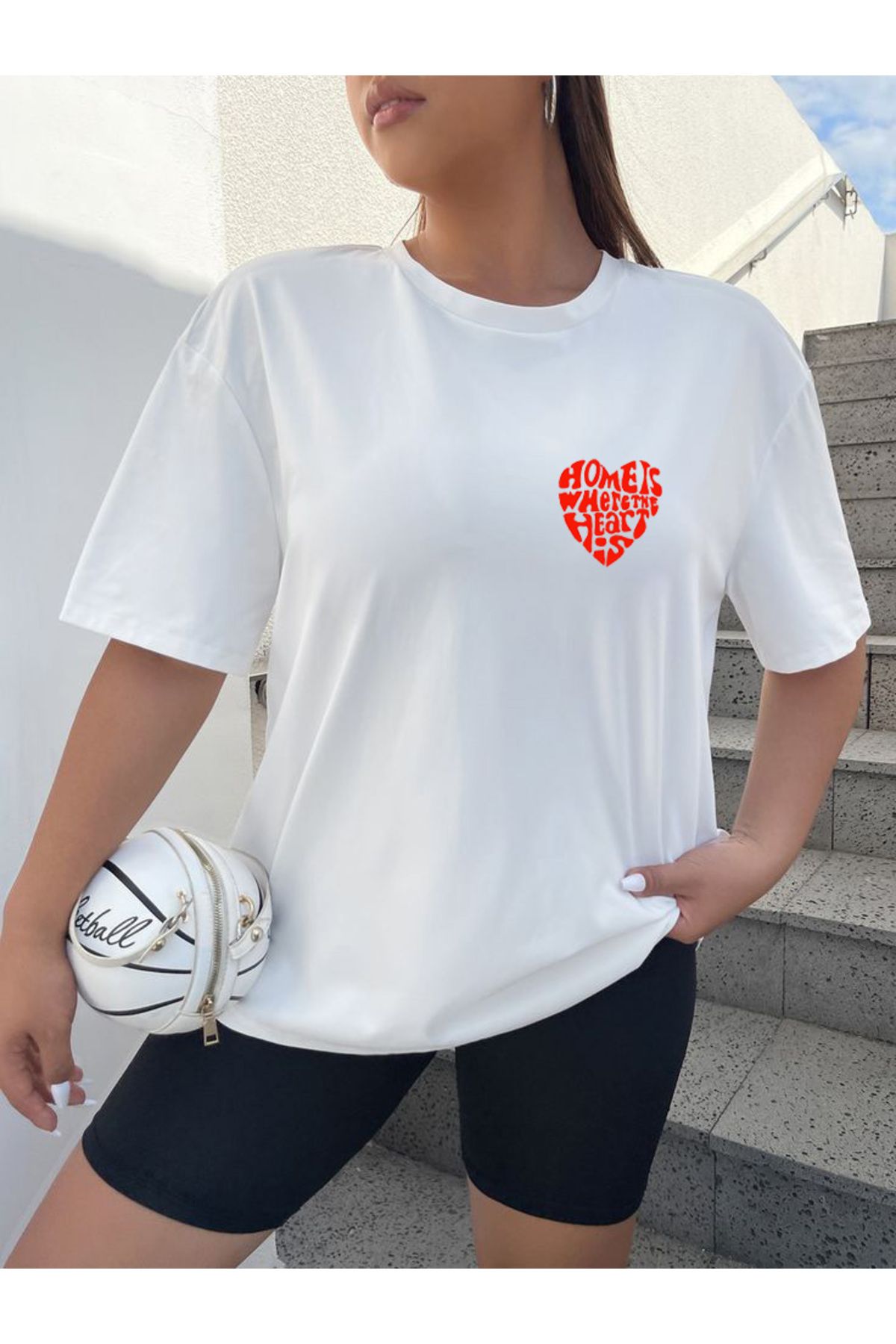 SEL WEAR Kadın yazlık pamuklu kumaş (HEART) baskılı oversize t-shirt