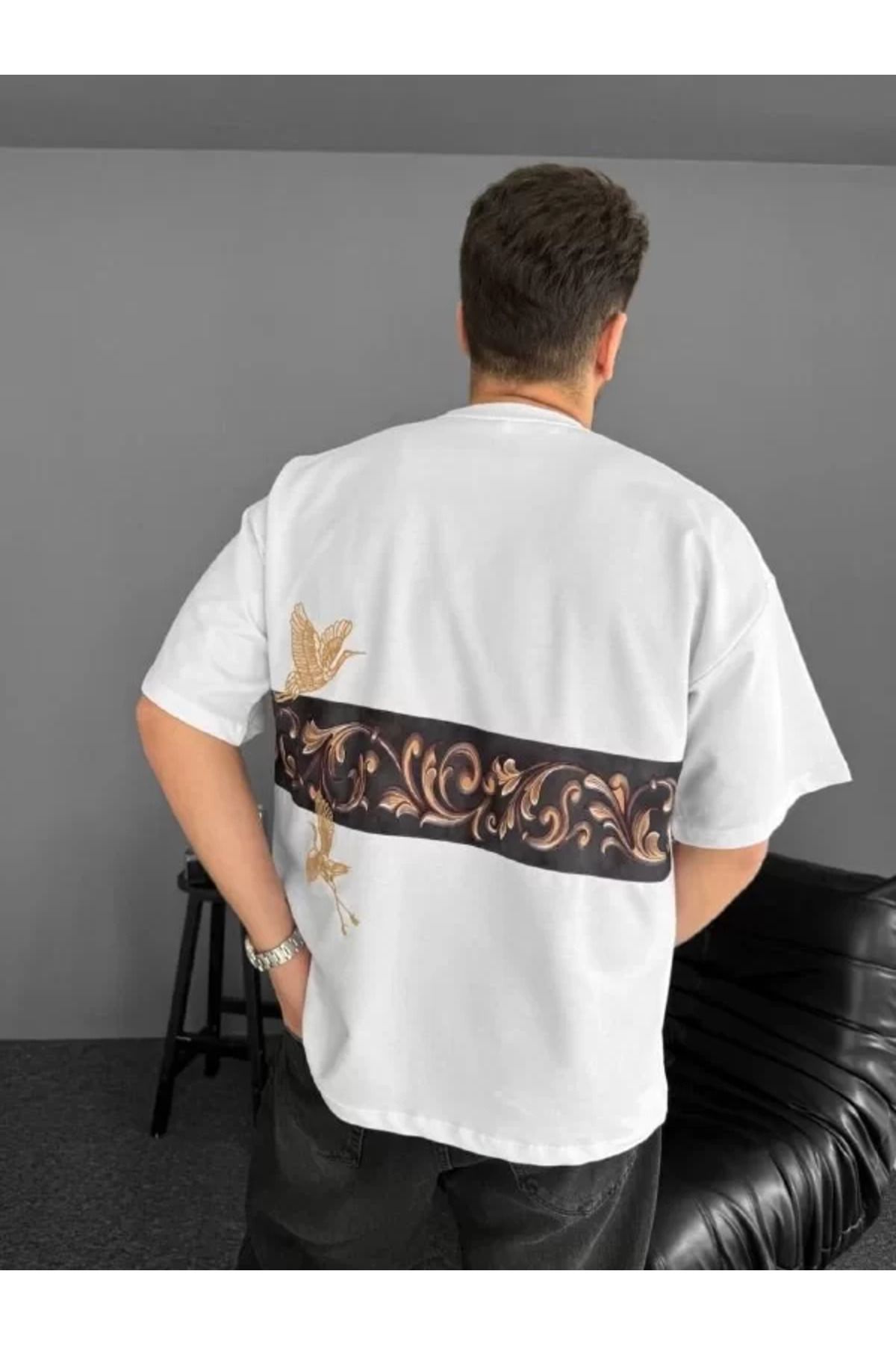 FantaziAtölyesi Ön ve Arka Baskılı Oversize Bisiklet Yaka T-shirt - Beyaz