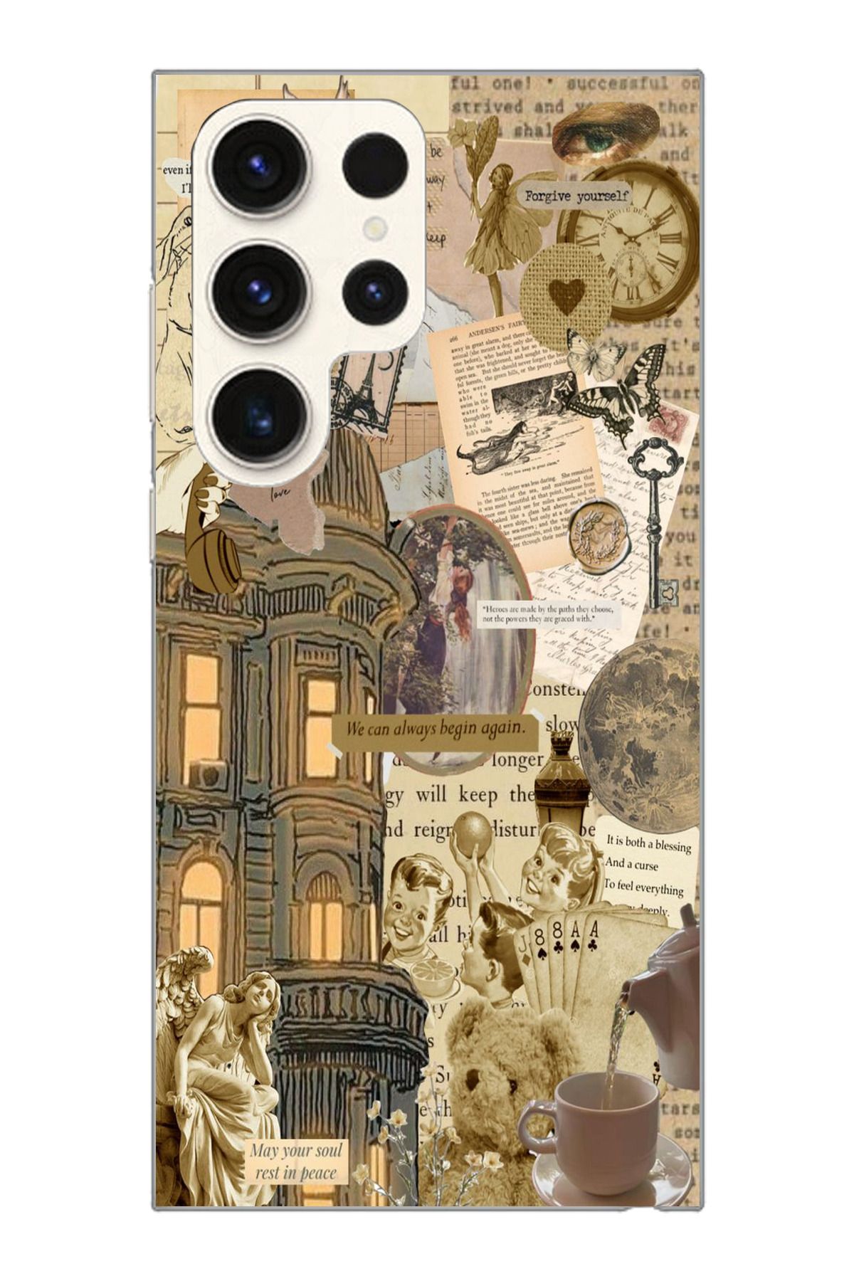 moonset Samsung Galaxy S25 Ultra Uyumlu Vintage Kolaj Tasarımlı Baskılı Şeffaf Telefon Kılıfı