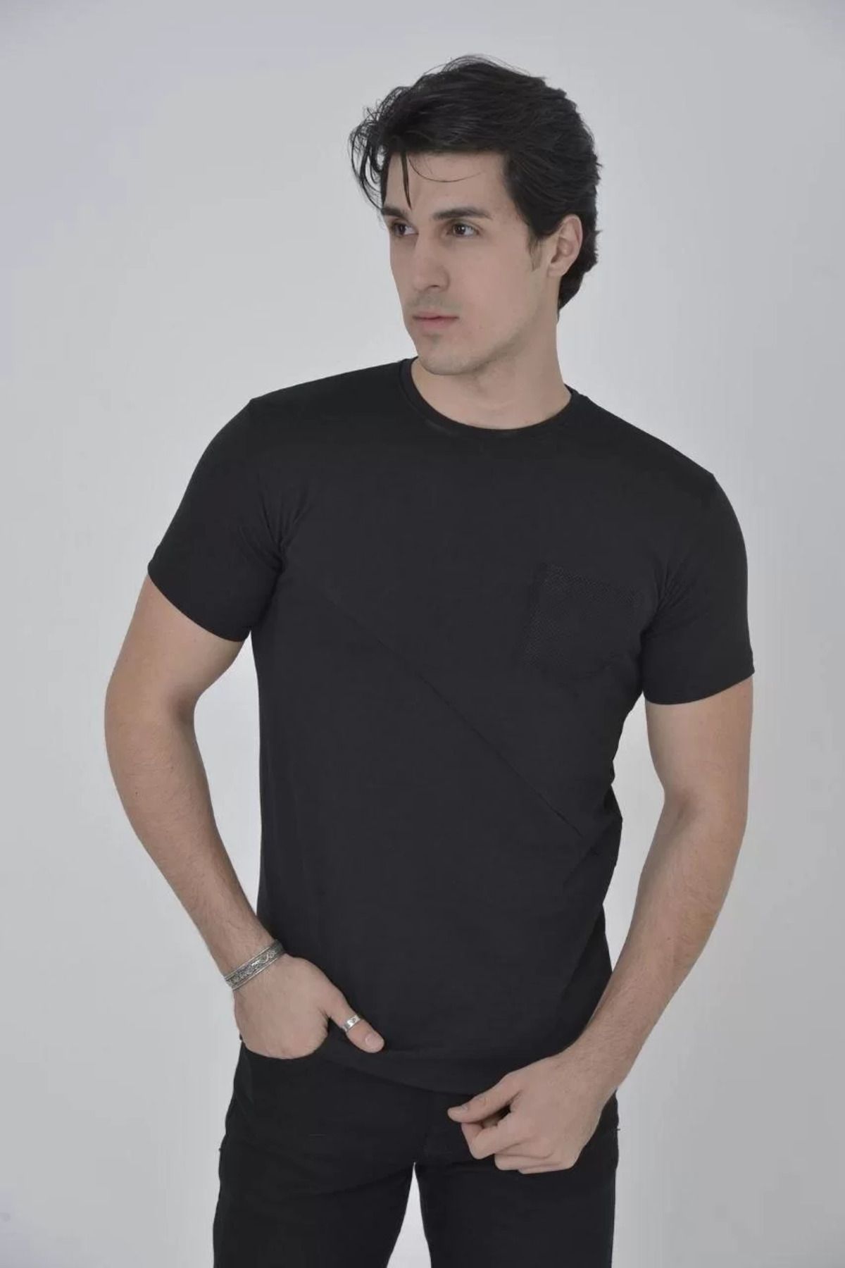 FantaziAtölyesi Erkek File Cepli Slim fit T-shirt - Siyah