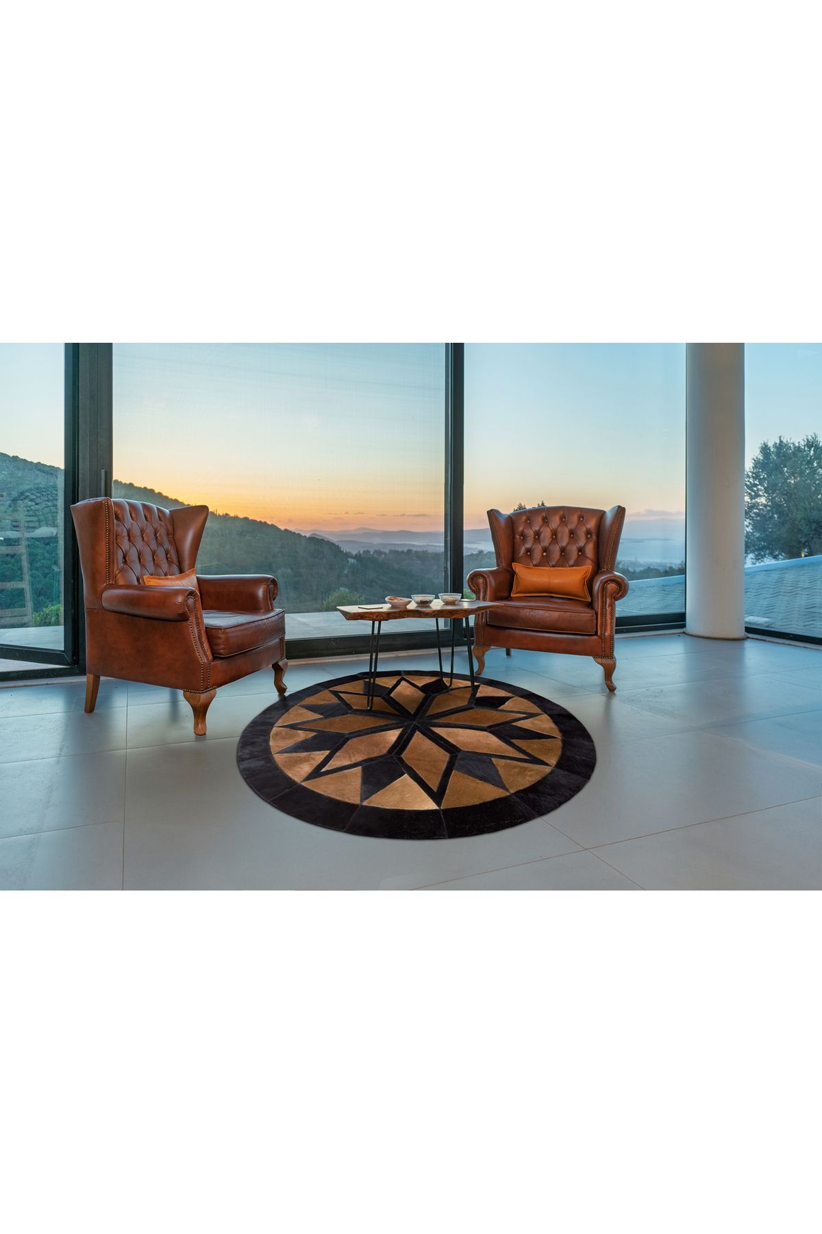 Barrio Rico %100 Doğal Dana Derisi Kaymaz Taban Premium Yuvarlak Patchwork Halı - Kahverengi Beyaz