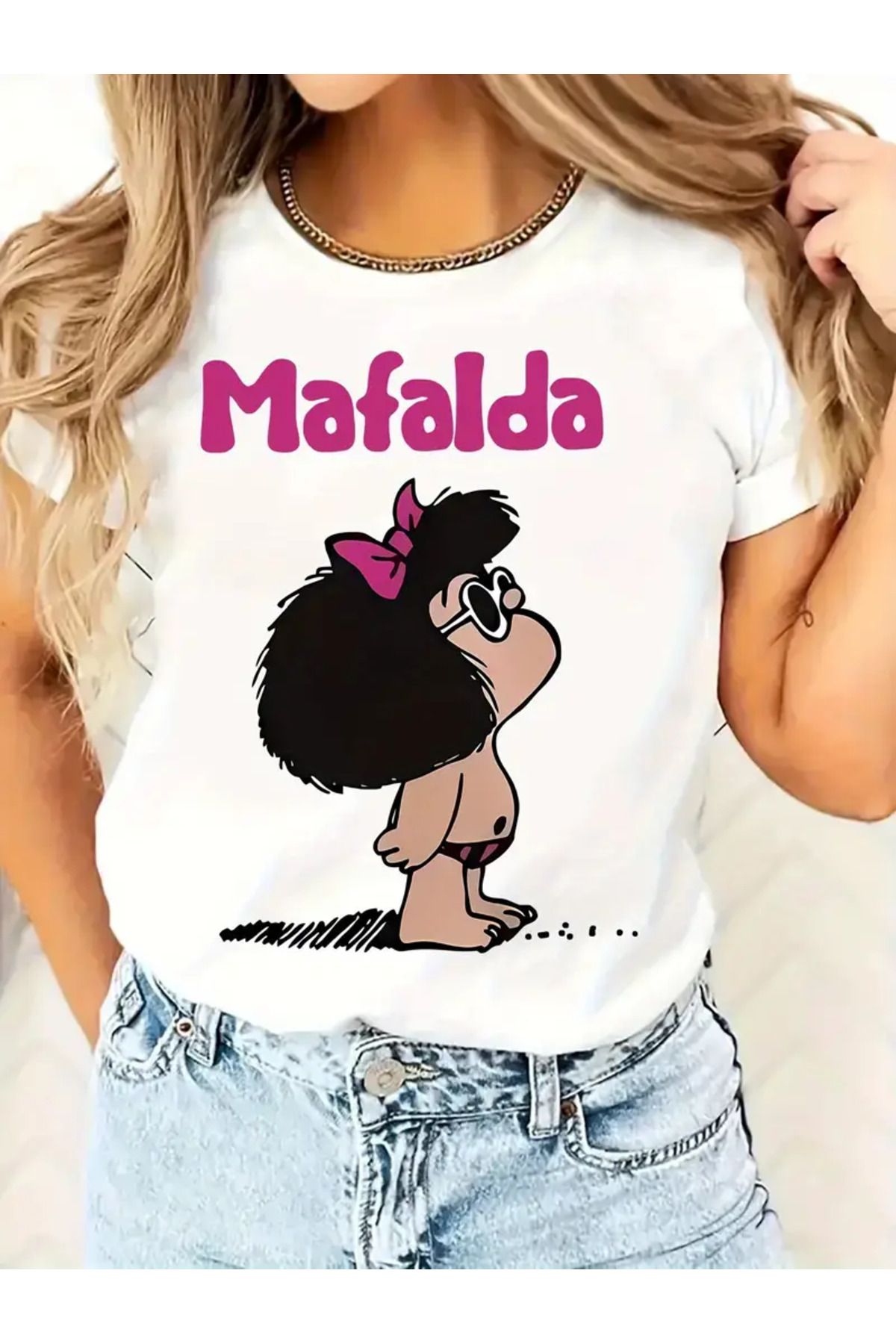 AEMİ Unisex Mafalda White Baskılı %100 Pamuk Oversize T-shirt