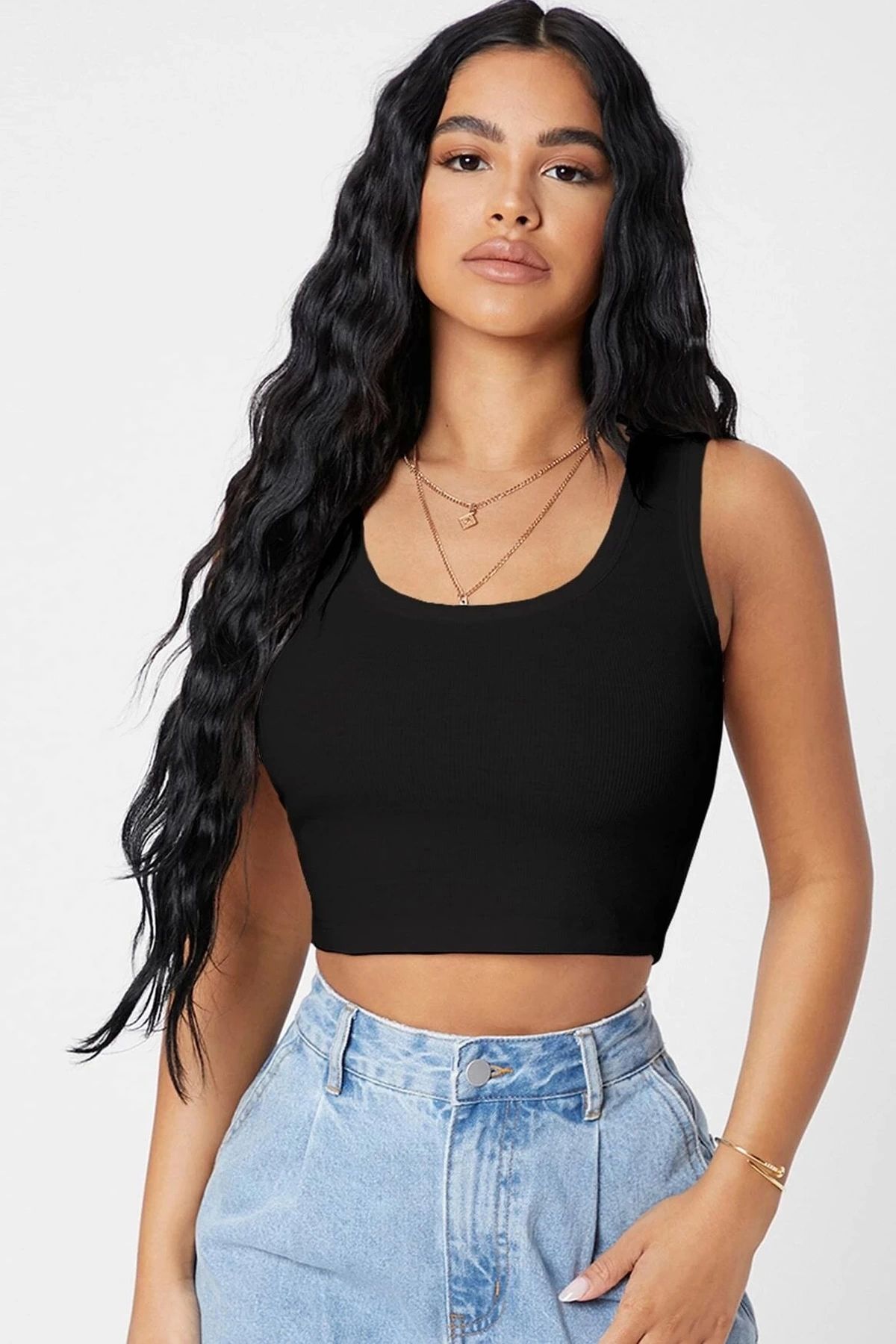 Nemere Kadın Siyah Kare Yaka Crop Top Bluz