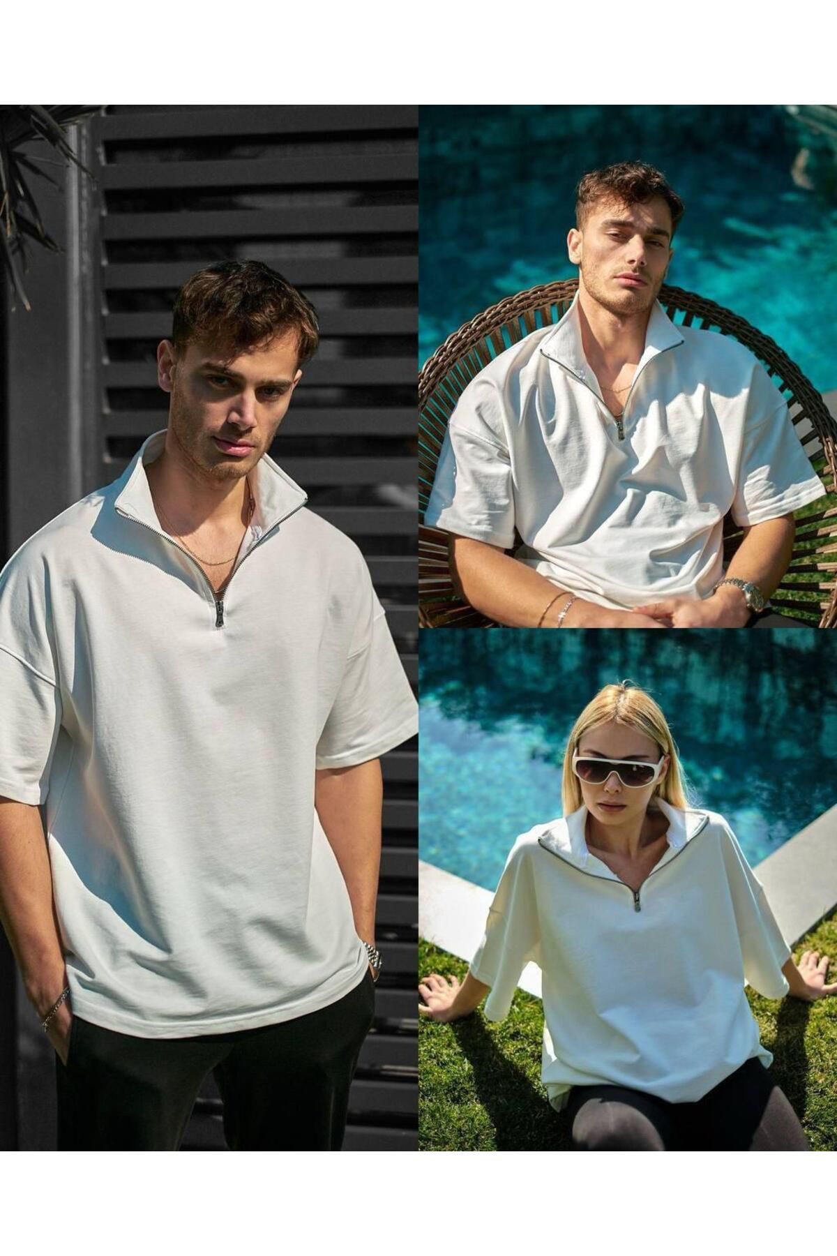 NOYA BUTİK Yarım Fermuarlı Unisex Oversize T-hsirt