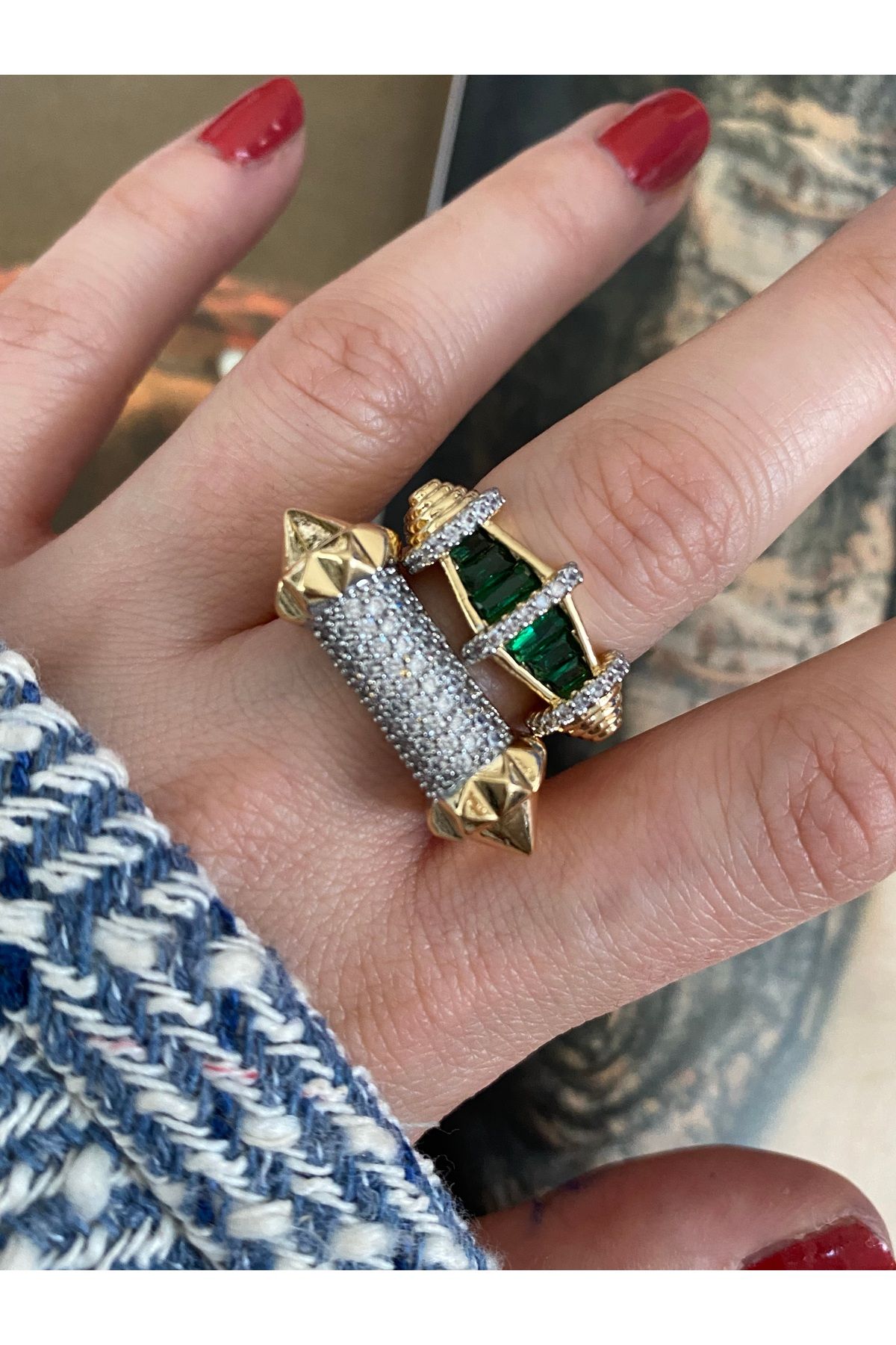 Pinery Jewels Renkli Taşlı Üçgen Alttan Ayarlamalı Kadın Yüzük