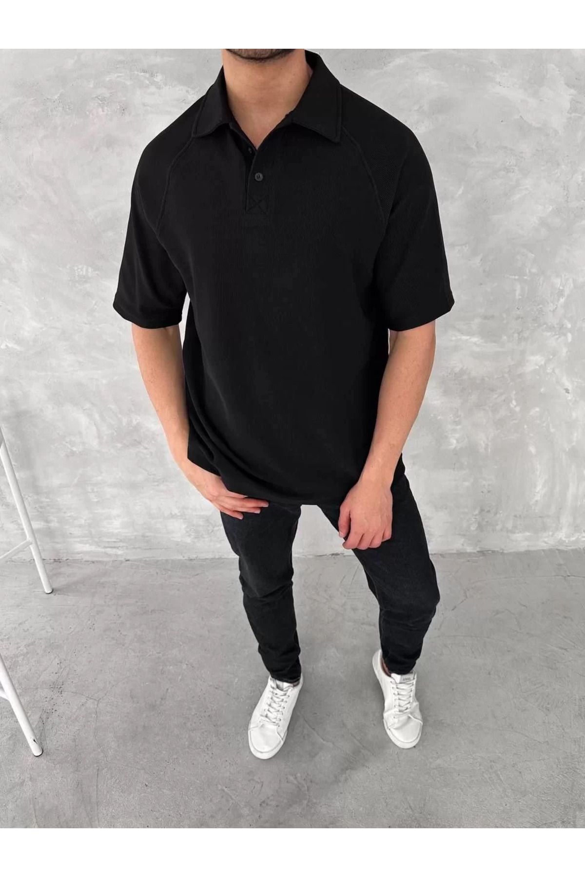 FantaziAtölyesi Yakalı Patlı Kısa Kol T-shirt - Siyah
