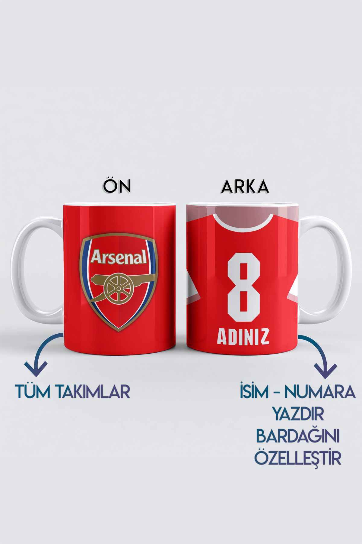 DekorHane Numara İsim Yazdırma, Arsenal, Premier Lig Futbol Temalı, Porselen Kupa Bardak