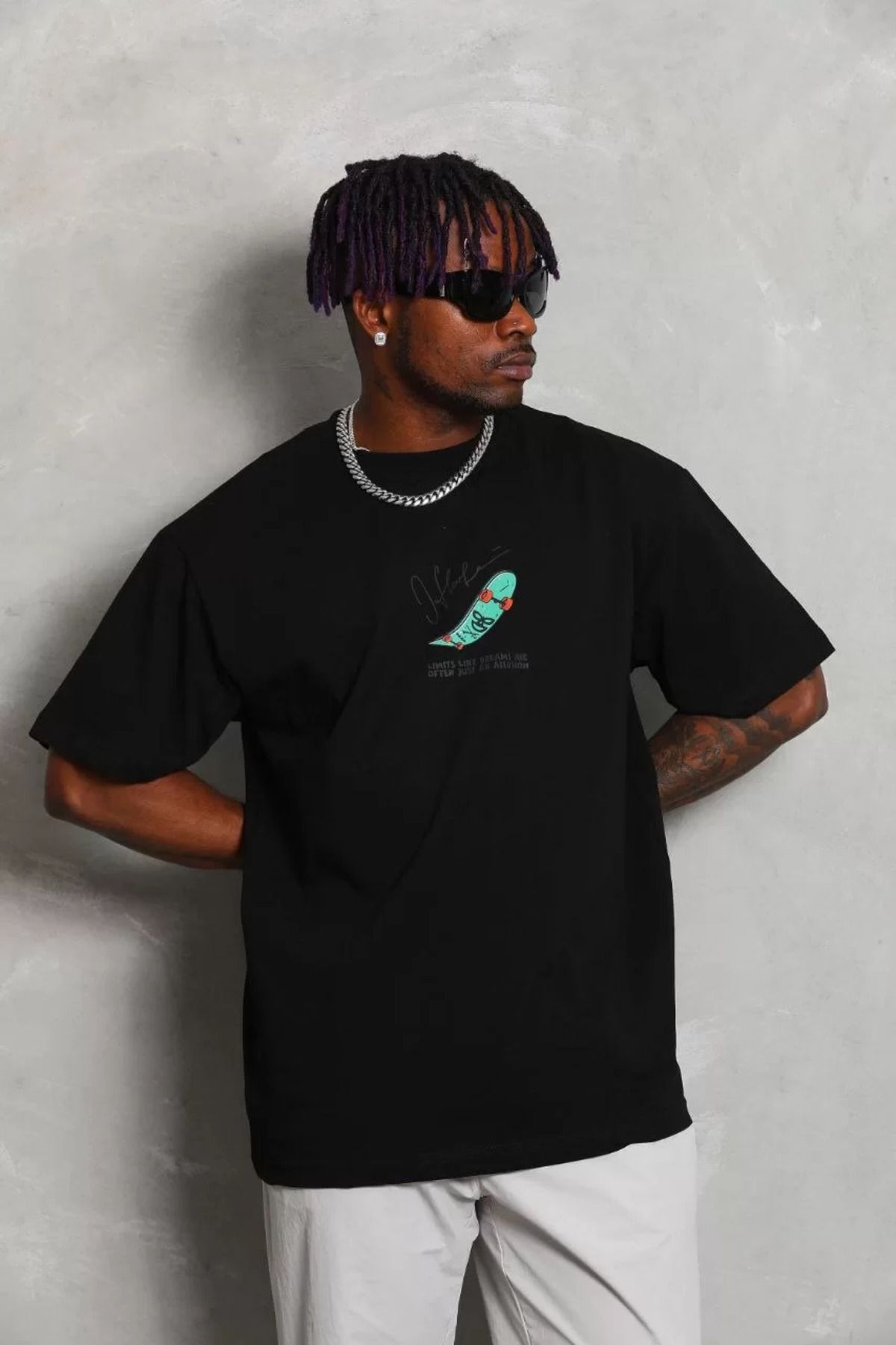 FantaziAtölyesi Unisex Oversize Baskılı Bisiklet Yaka T-Shirt - Siyah