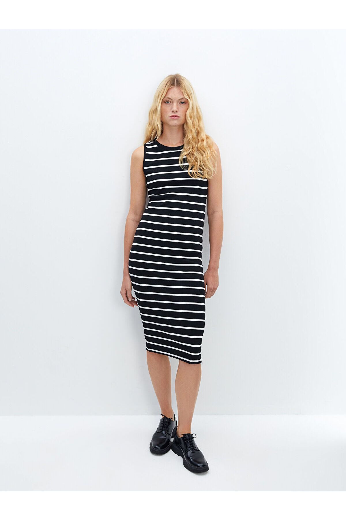 Bisiklet Yaka Çizgili Kadın Bodycon Elbise