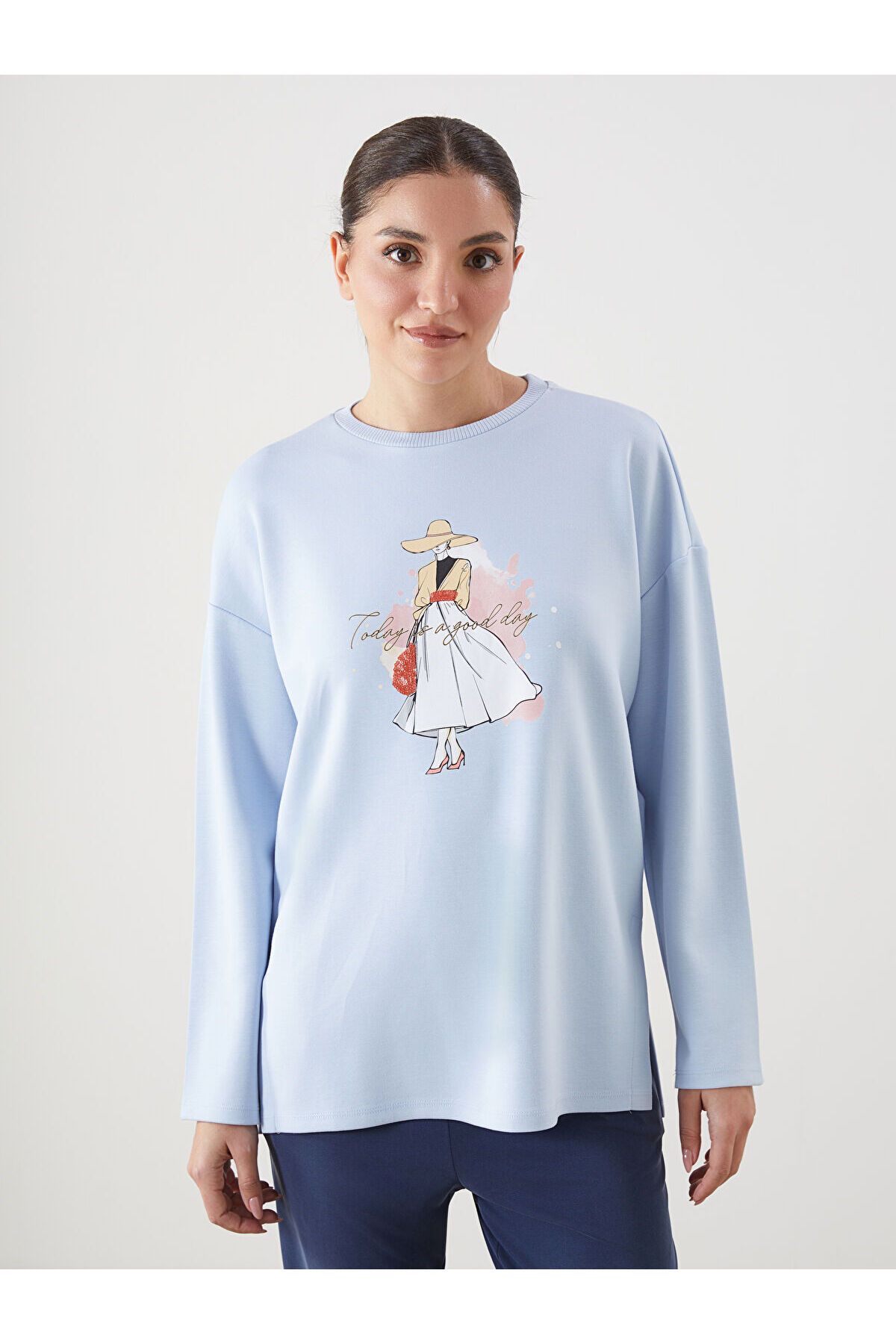 LC Waikiki Baskılı Oversize Kadın Sweatshirt Tunik