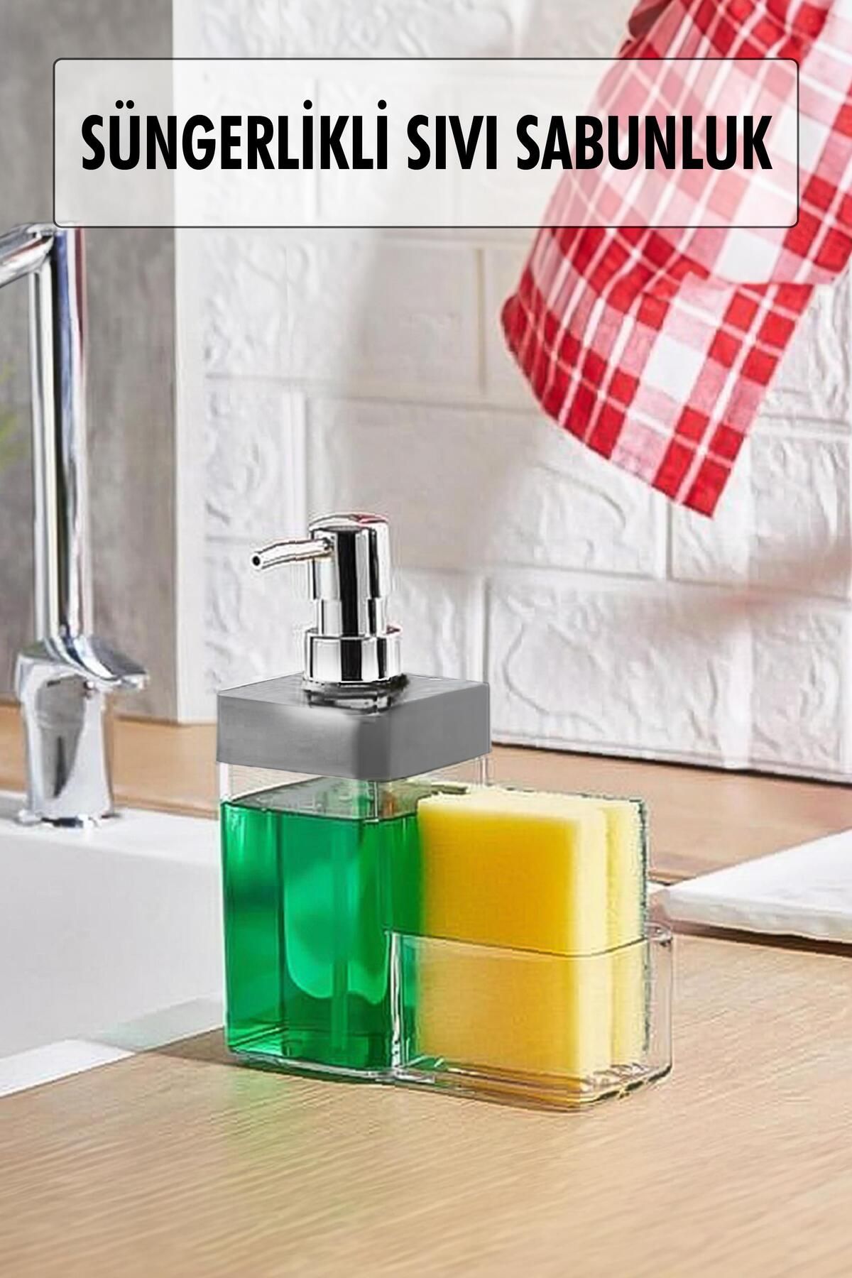 Shop58 Gri Renkli Sıvı Sabunluk Süngerlik Hazneli 450 ml