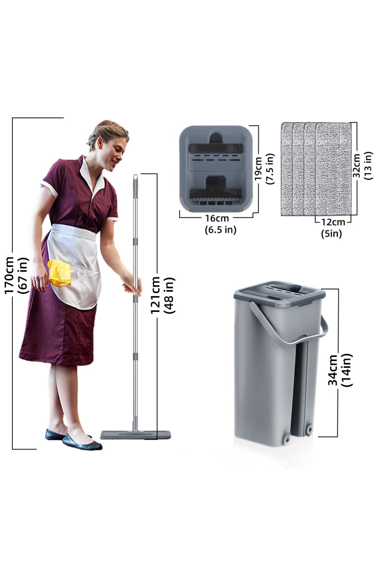Choice-Sdarisb Grey Hand Free Flat Floor Mop And Bucket Set With 6 Washable Microfiber Pads Clean Tools 3