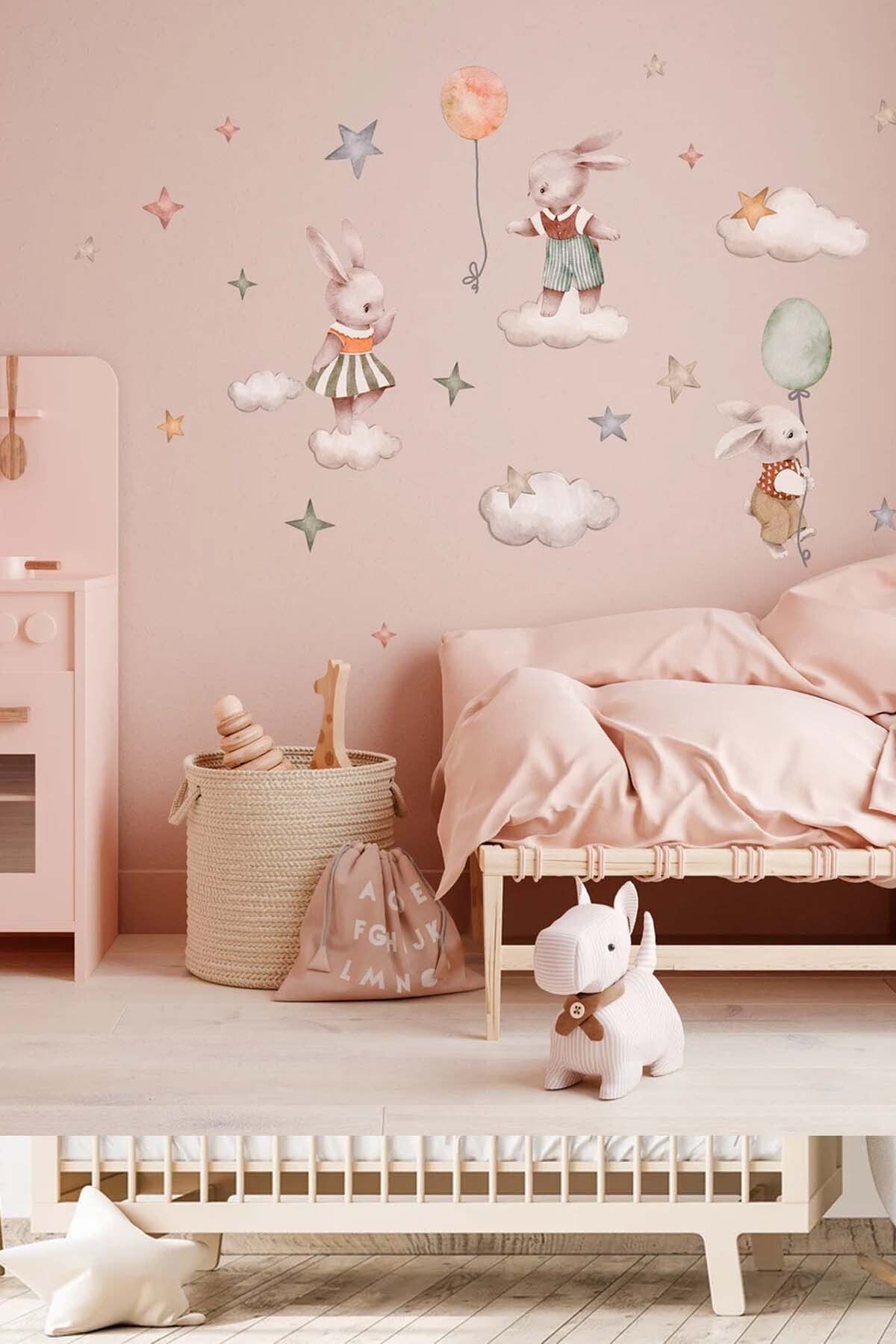 KT Decor Sevimli Tavşanlar Diyarı Büyülü Yaşam Çocuk Odası Duvar Sticker Seti