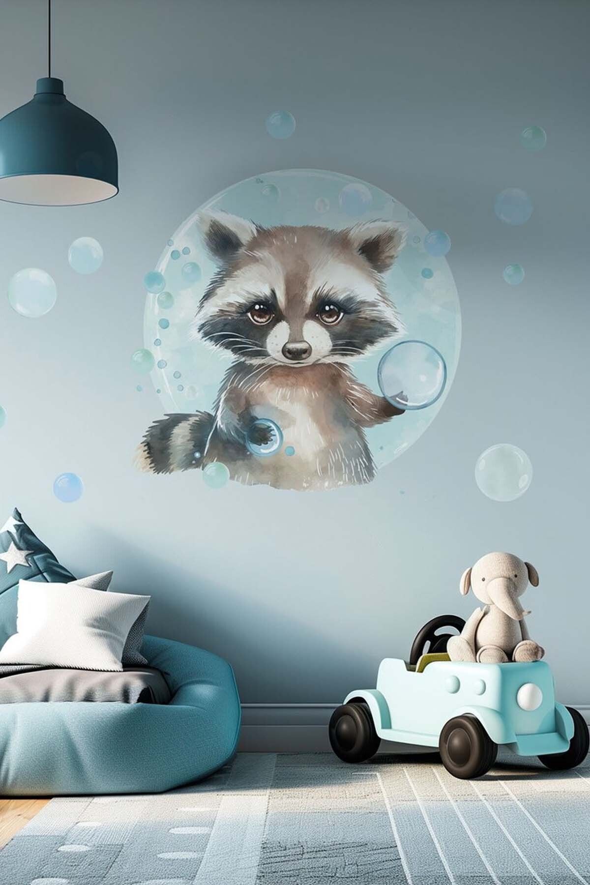 KT Decor Sevimli Baloncuklu Rakun Soft Renk Çocuk Odası Duvar Sticker Seti