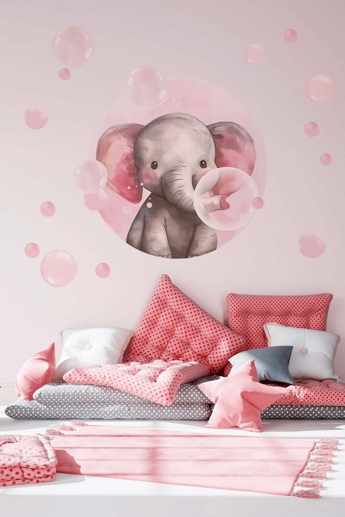 KT Decor Sevimli Baloncuklu Fil Soft Renk Çocuk Odası Duvar Sticker Seti