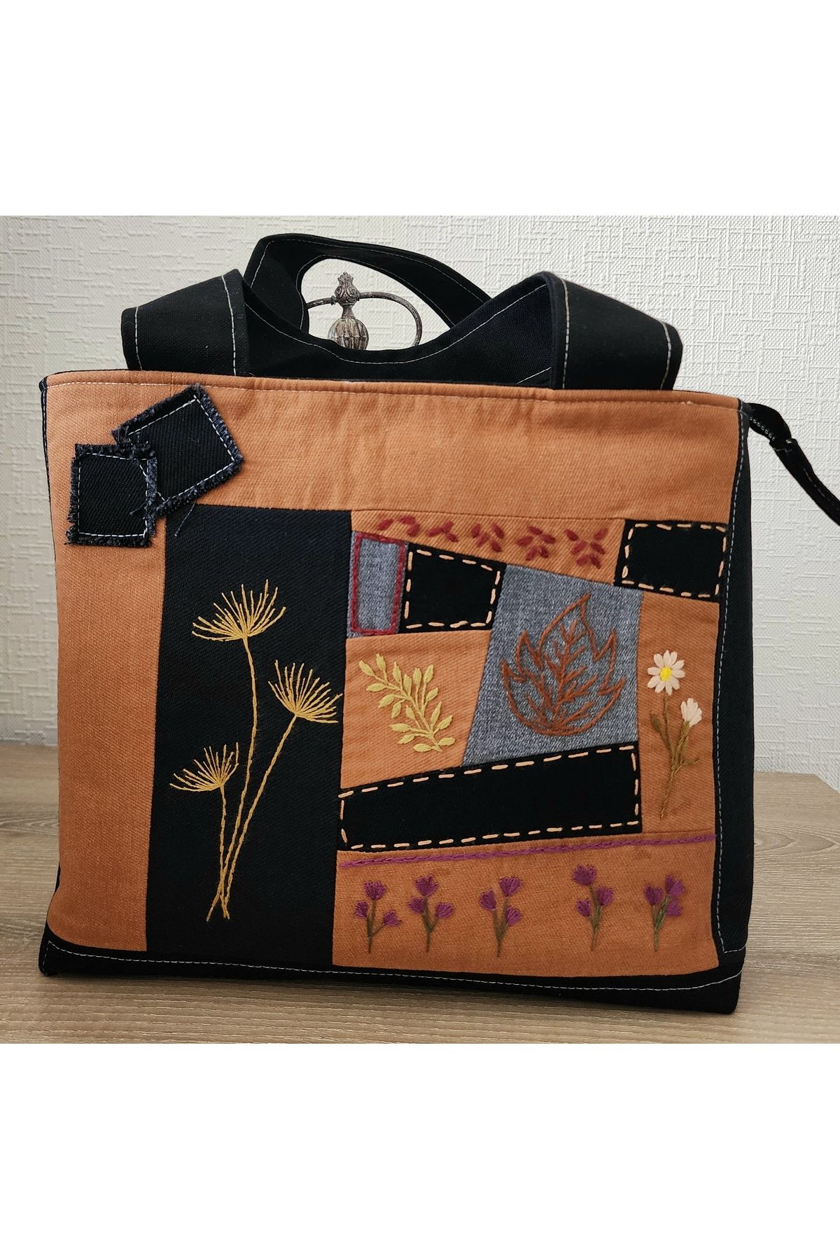 myyasminhome Nakış Detaylı, Patchwork Kot Çanta %100 Handmade