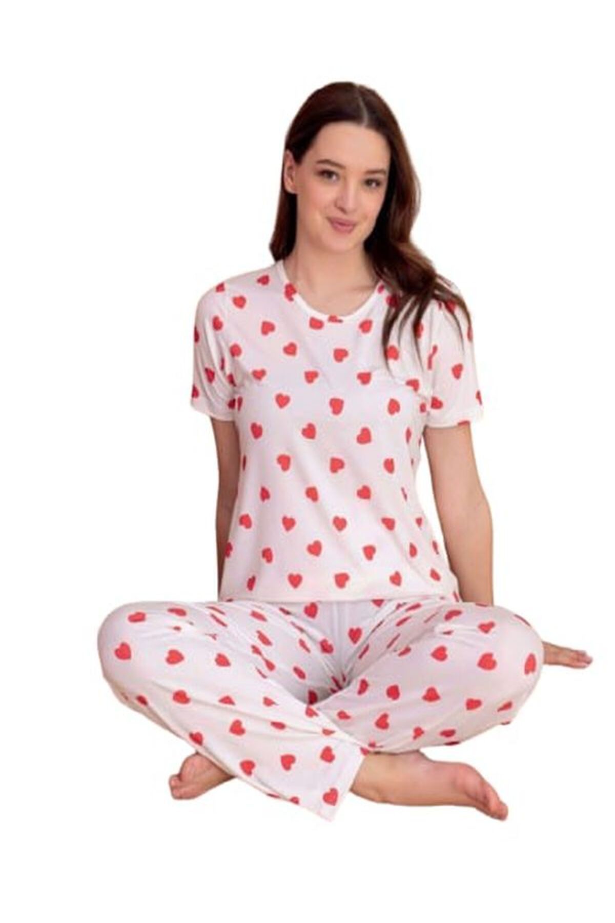 Manolya Kadın Milan Kumaş Beyaz Kalp Desenli Bisiklet Yaka Kısa Kol Yazlık Pijama Takımı