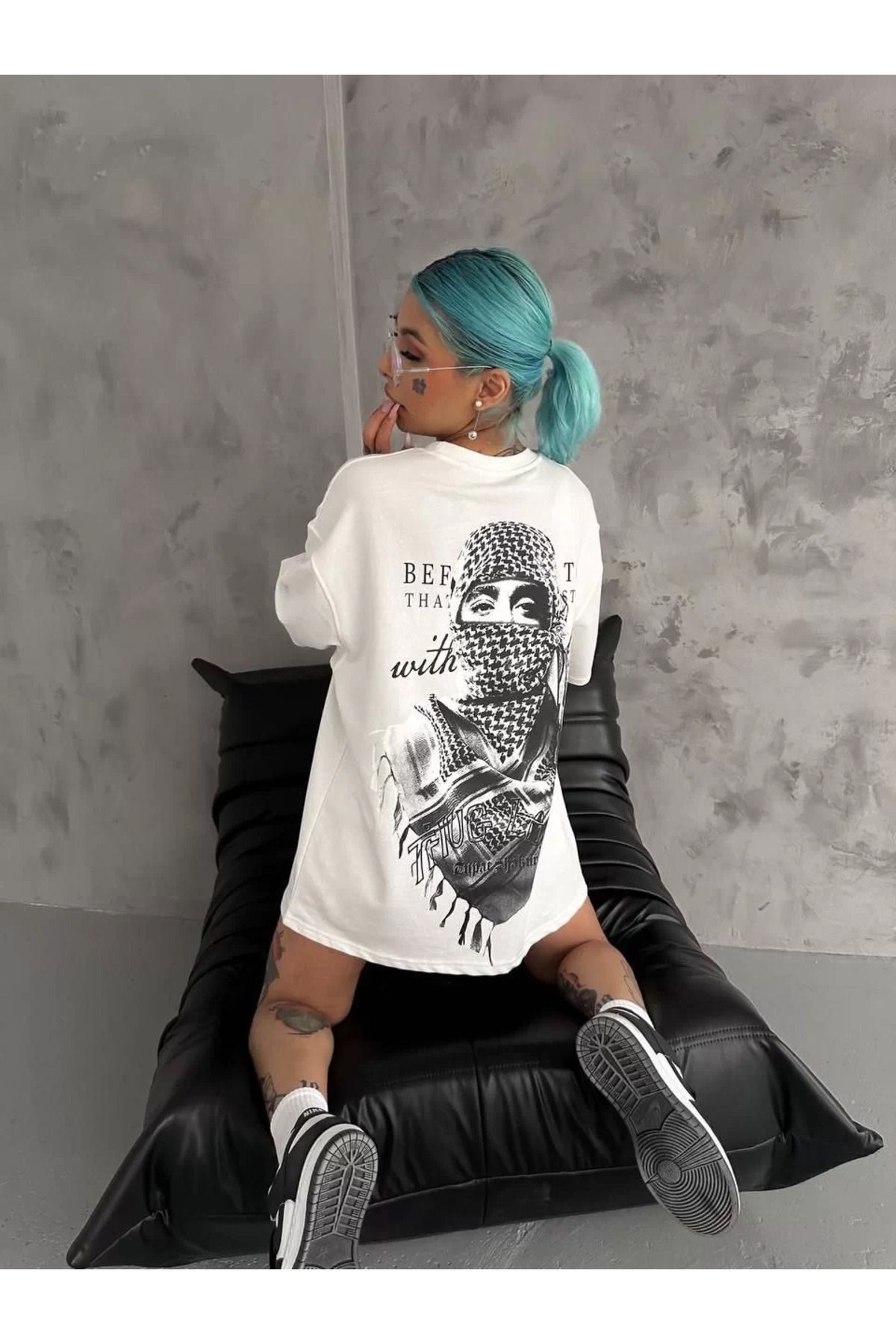FantaziAtölyesi Unisex Baskılı Oversize T-Shirt - Beyaz
