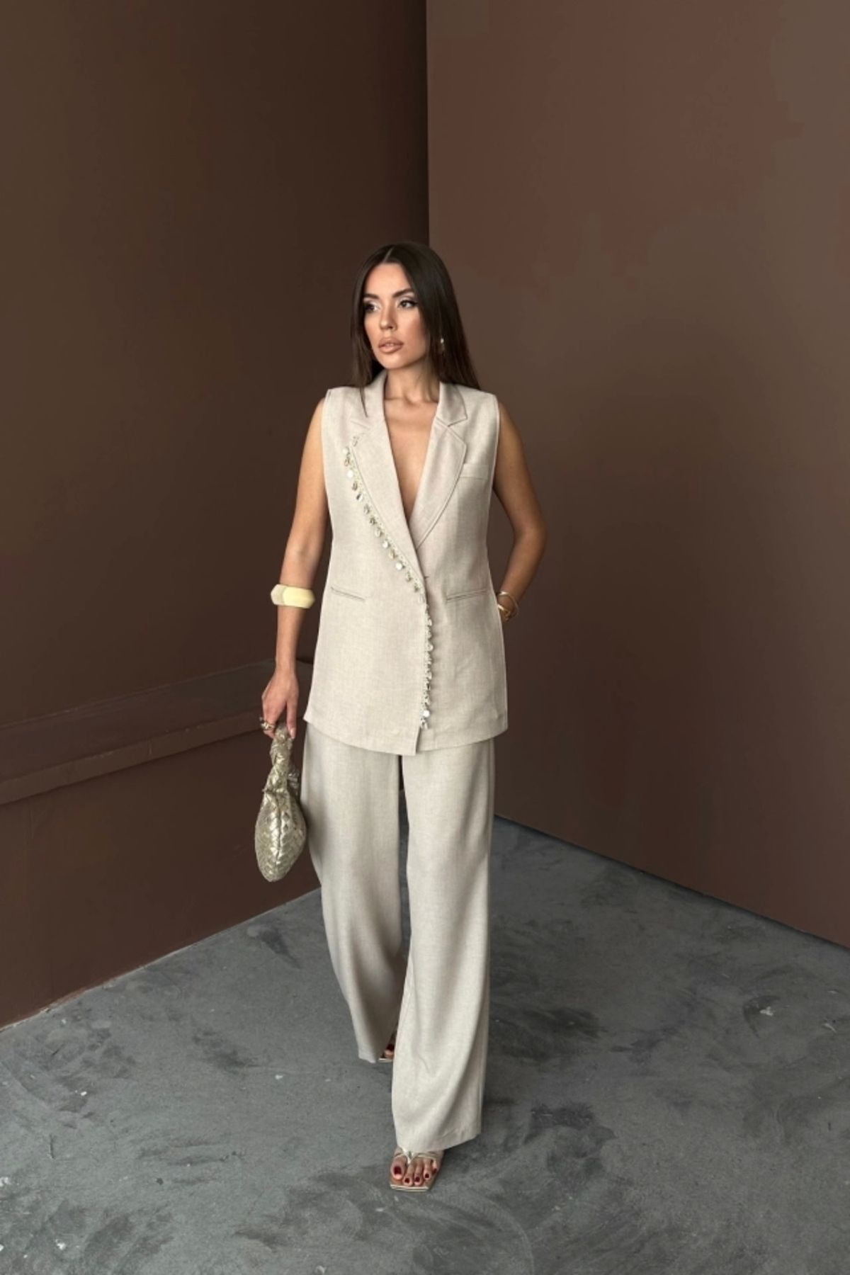 Butik YAKA MİDYE KABUĞU SIRALI YELEK - PANTOLON TAKIM KETEN KUMAŞ - Ham