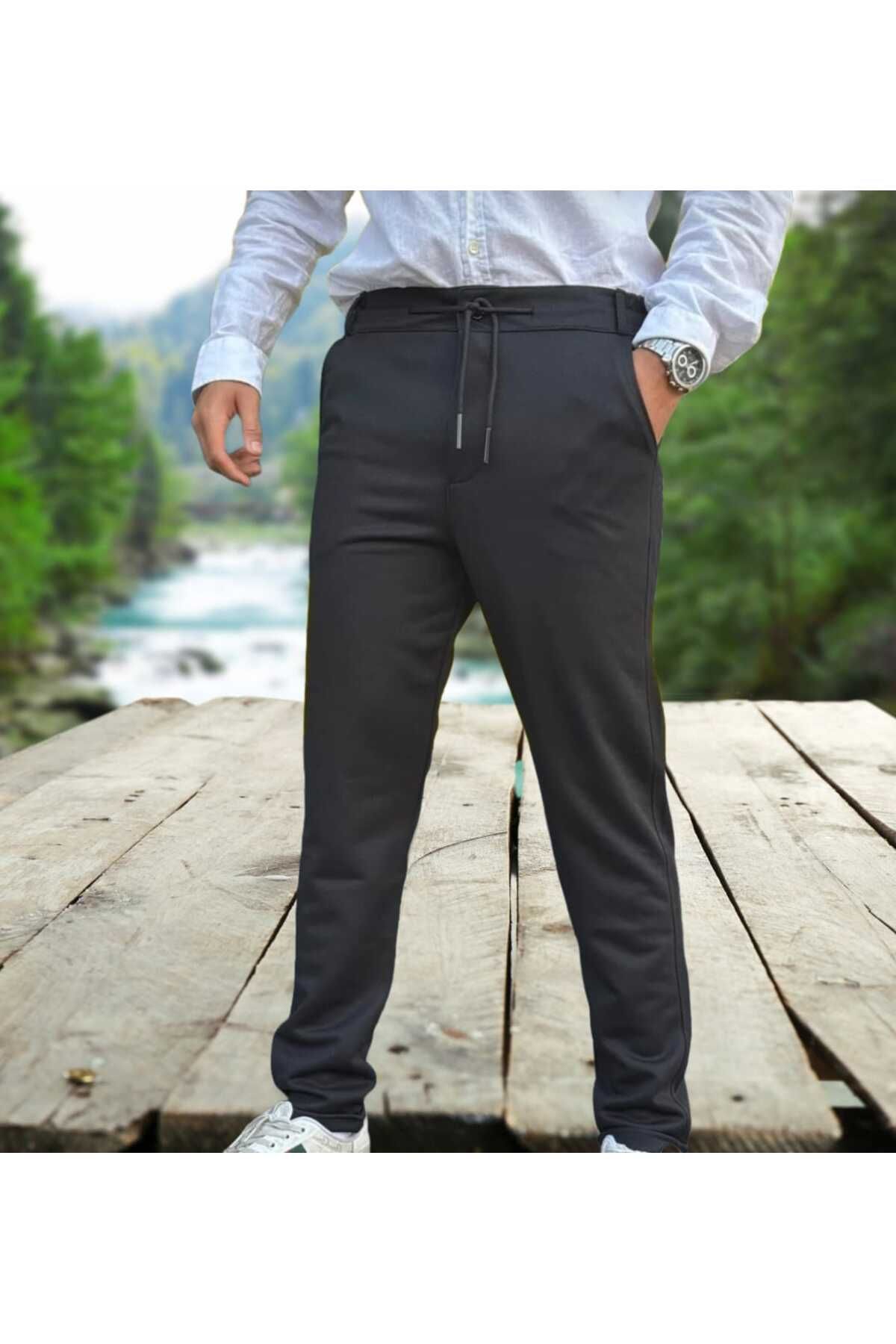 MODA Erkek Beli Lastikli Yarım Kemer Gofre Kumaş Pantolon