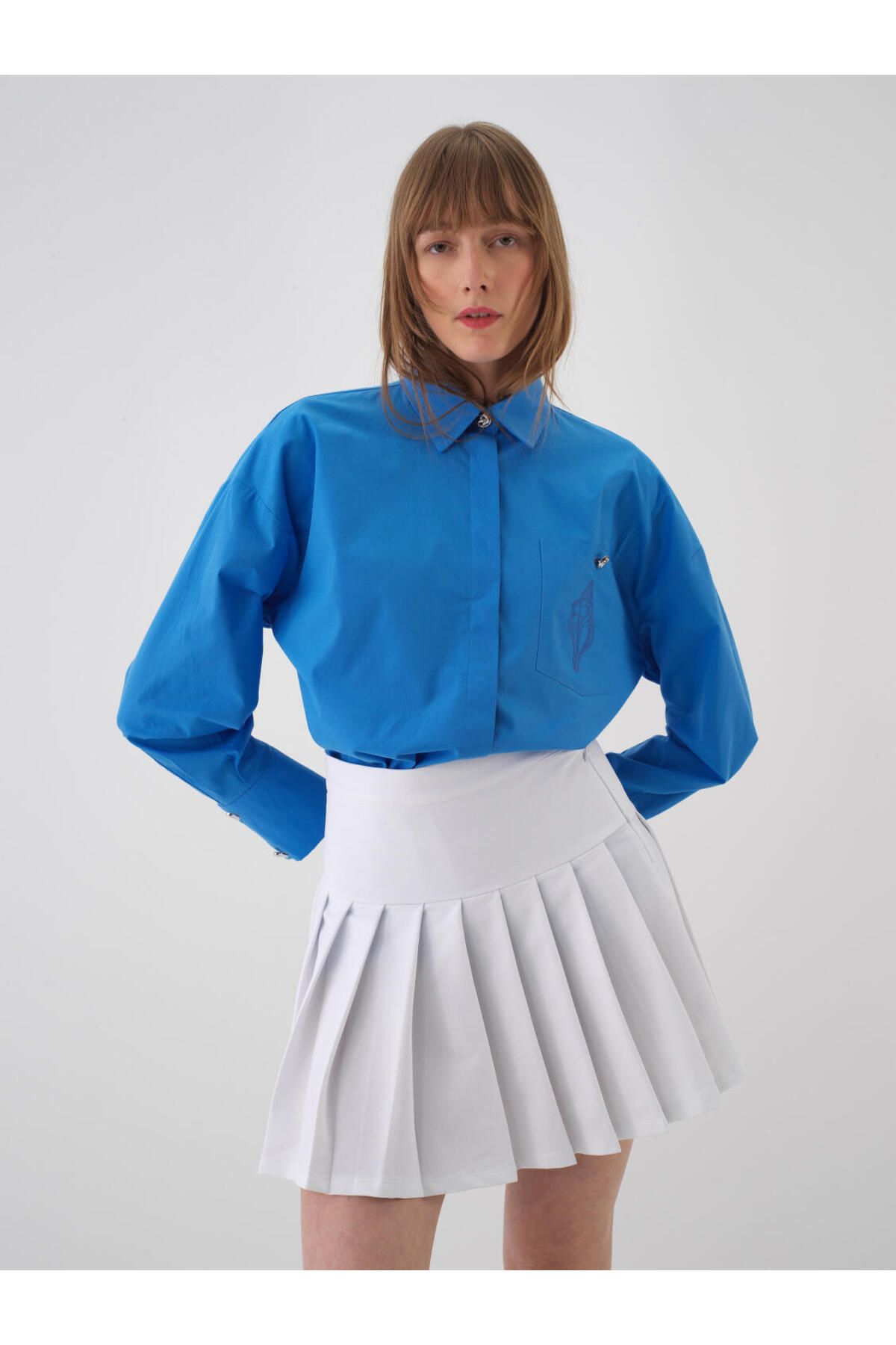 Xint Mavi Oversize Pamuklu Gömlek