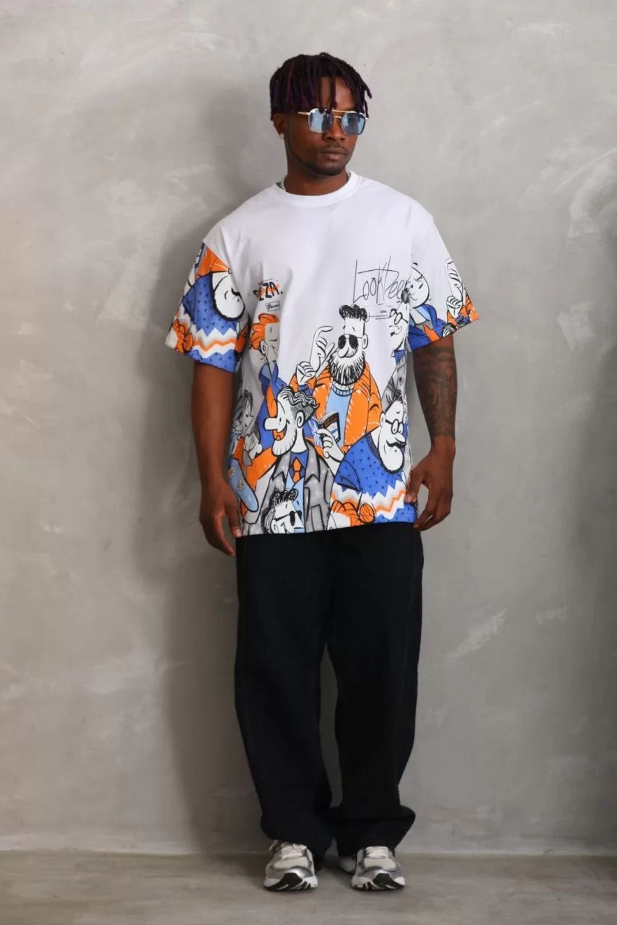 FantaziAtölyesi Unisex Oversize Baskılı Bisiklet Yaka T-Shirt - Beyaz