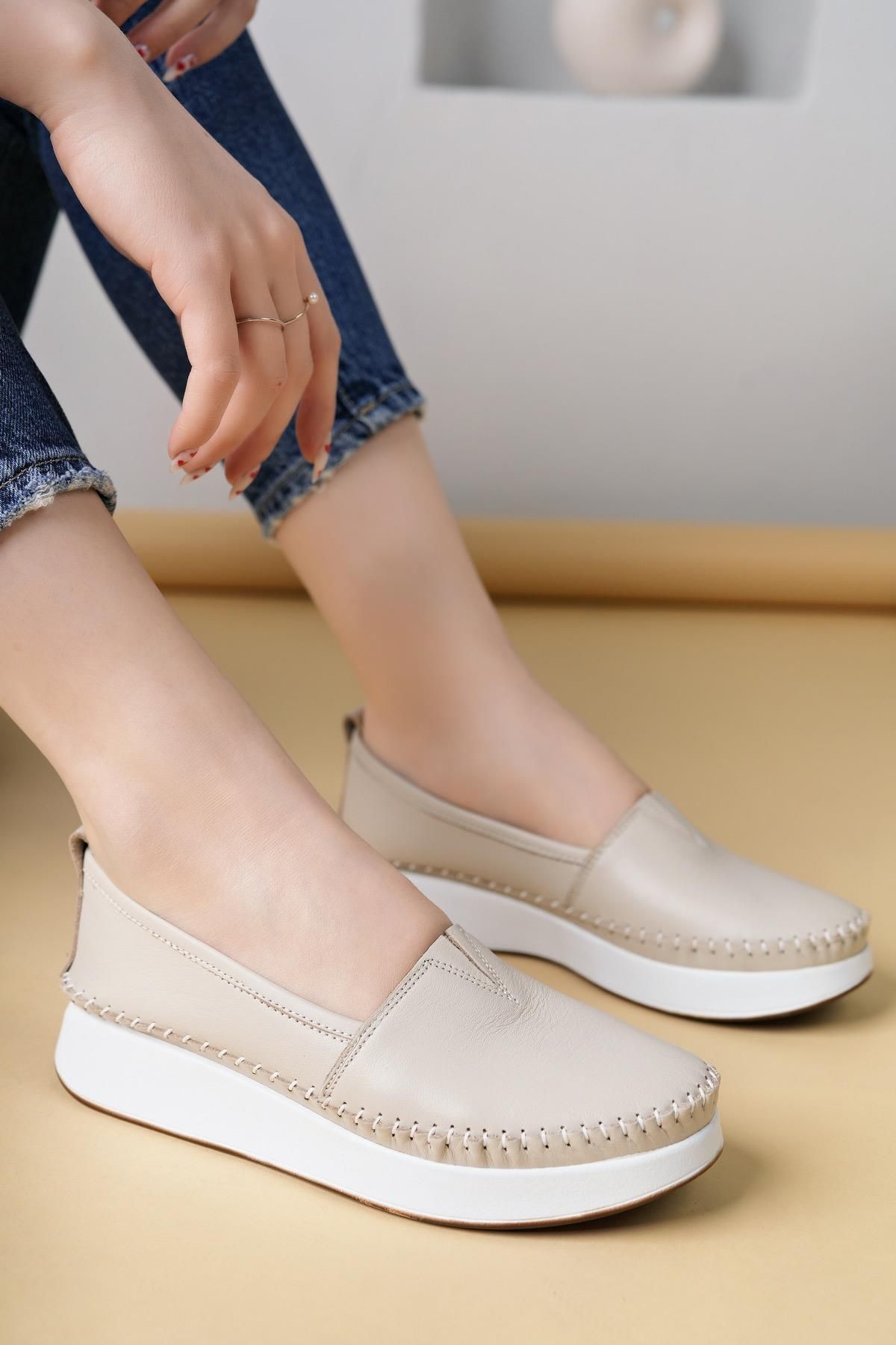 Nesil Shoes Miss 15 Bej Hakiki Soft Deri Kadın Ayakkabı