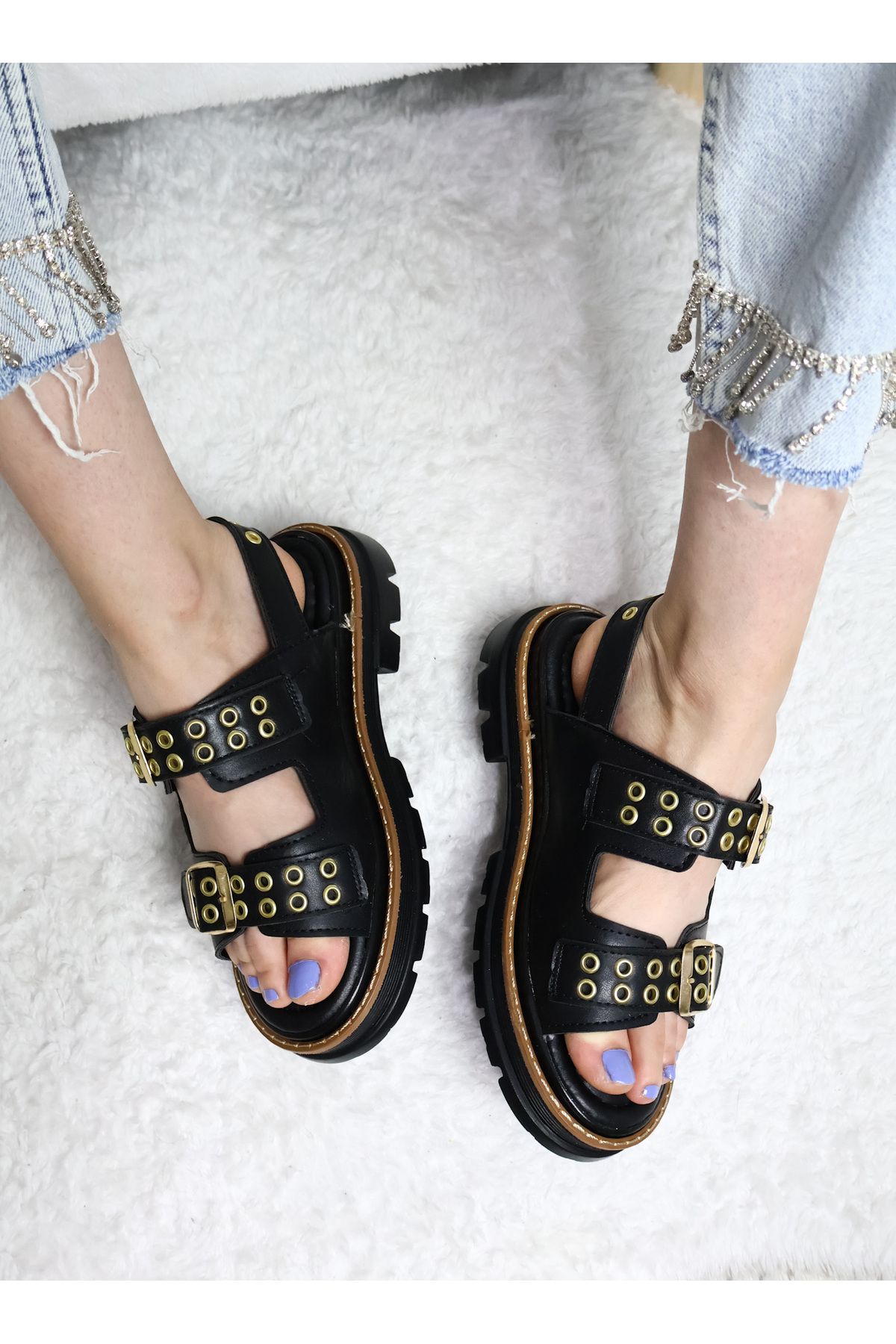 asmi shoes Kadın Siyah Kapsül Detayllı Sandelet
