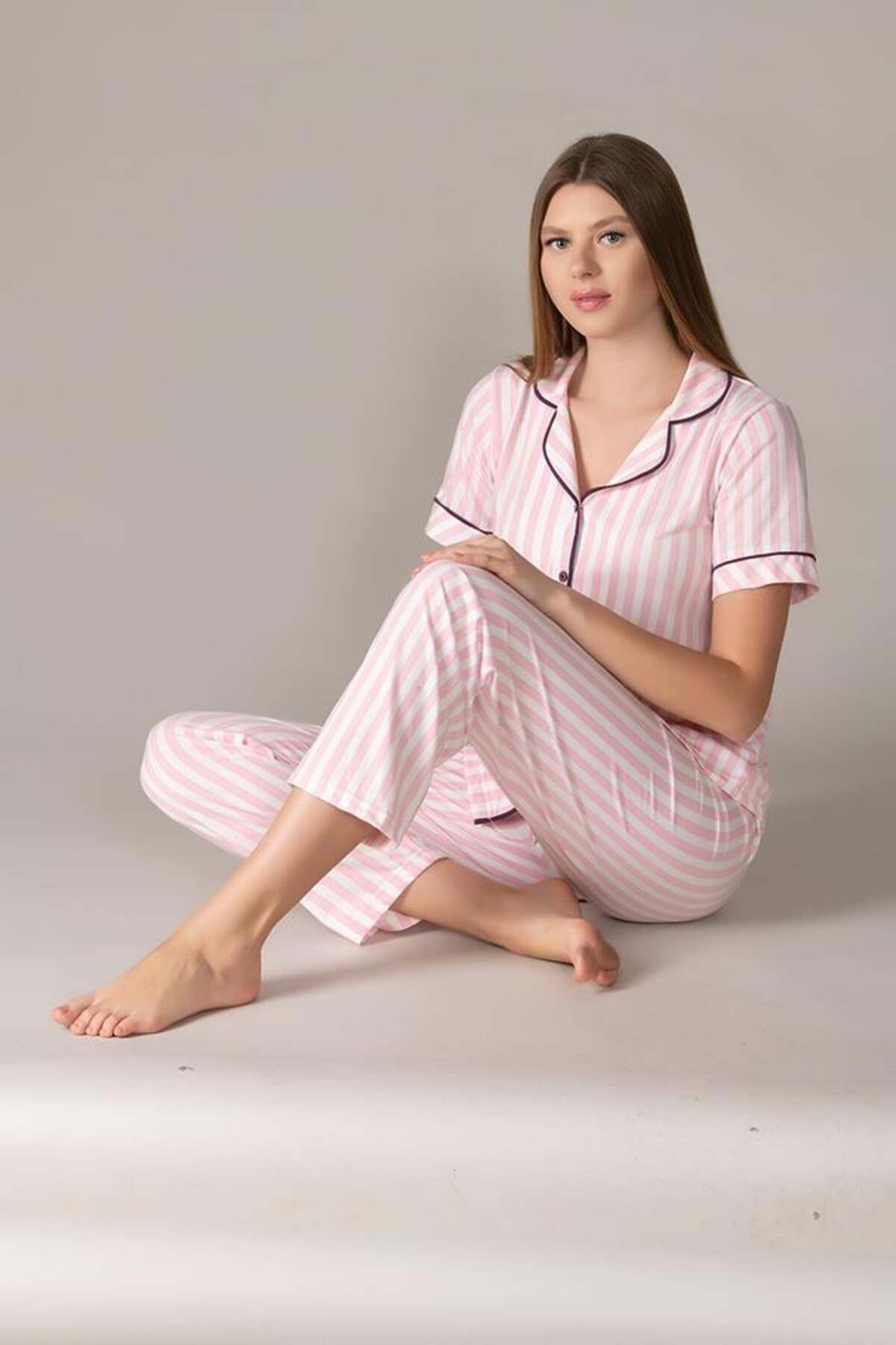 Alperi BOYDAN DÜĞMELİ KISA KOL ÇİZGİLİ PİJAMA TAKIMI MEVSİMLİK VİSKON APERİ 780-37