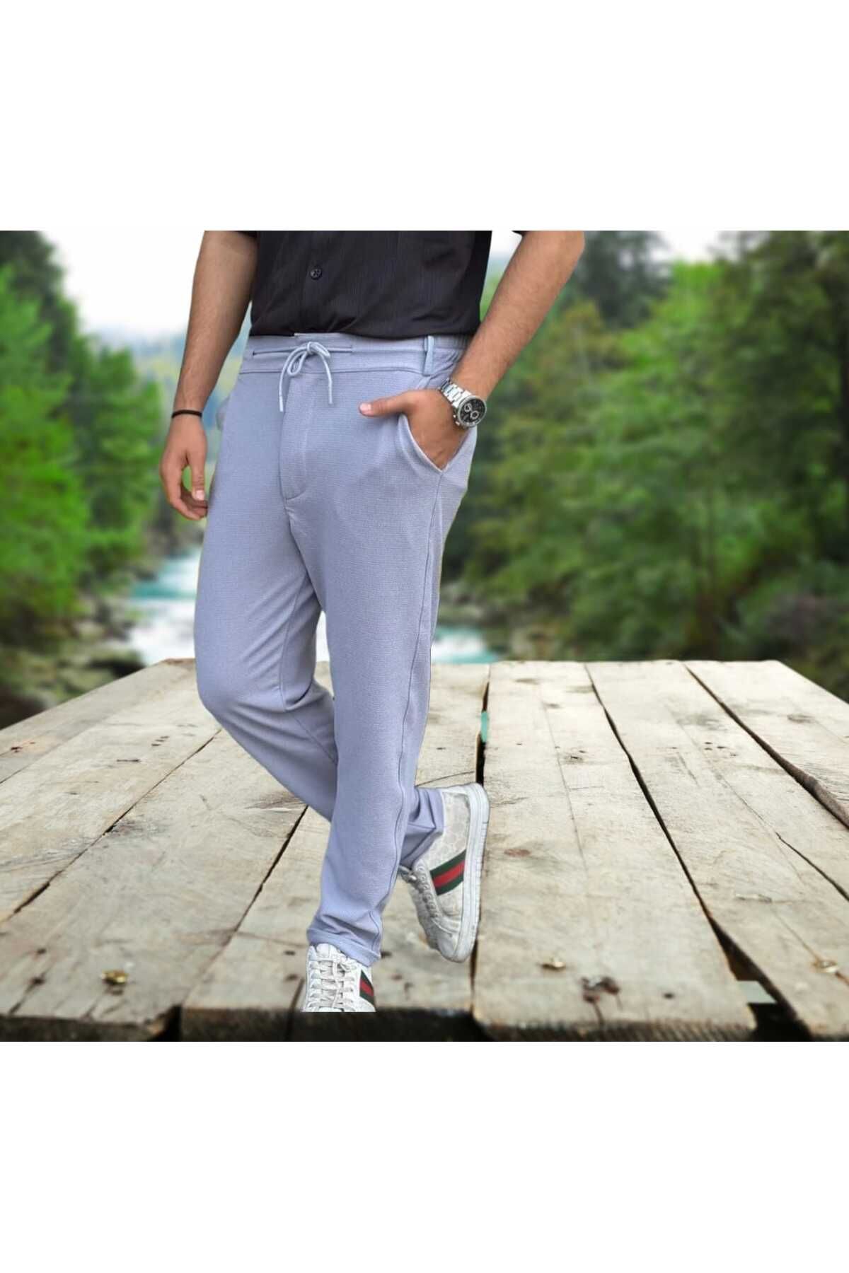 MODA Erkek Beli Lastikli Yarım Kemer Gofre Kumaş Pantolon