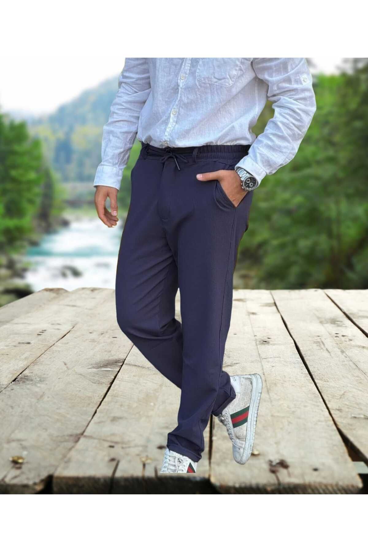 MODA Erkek Beli Lastikli Yarım Kemer Gofre Kumaş Pantolon