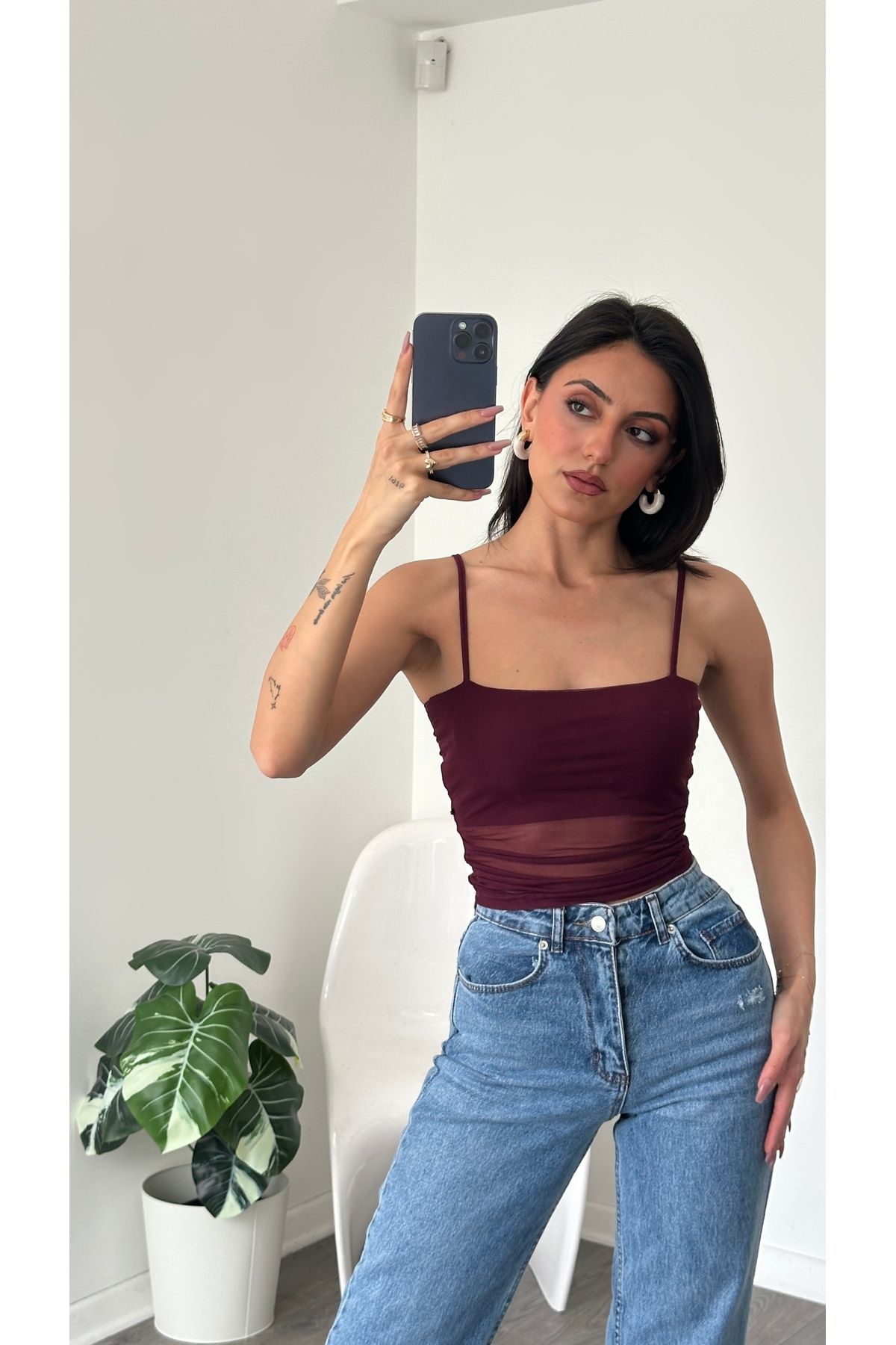 MAT BUTİK Bordo Astarlı İp Askılı Tül Bluz