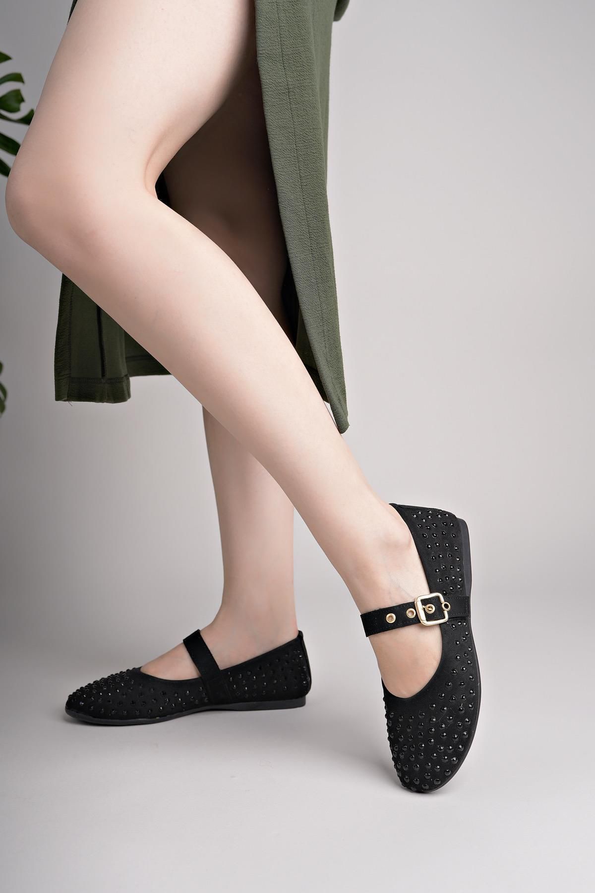 Nesil Shoes Dvm 020 Siyah Süet Tokası Cırtlı Kadın Babet