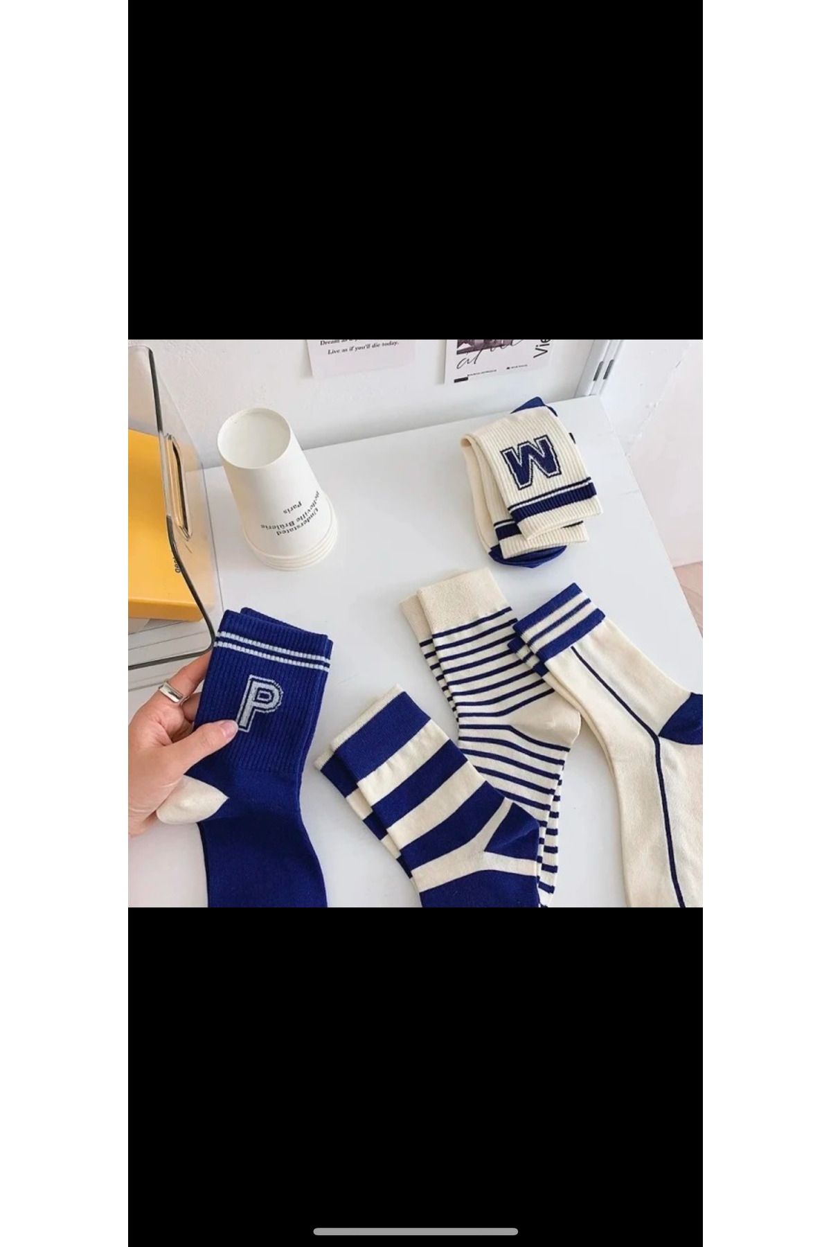 Bestrend 5’li Unisex Lacivert Beyaz Desenli Tenis Çorap