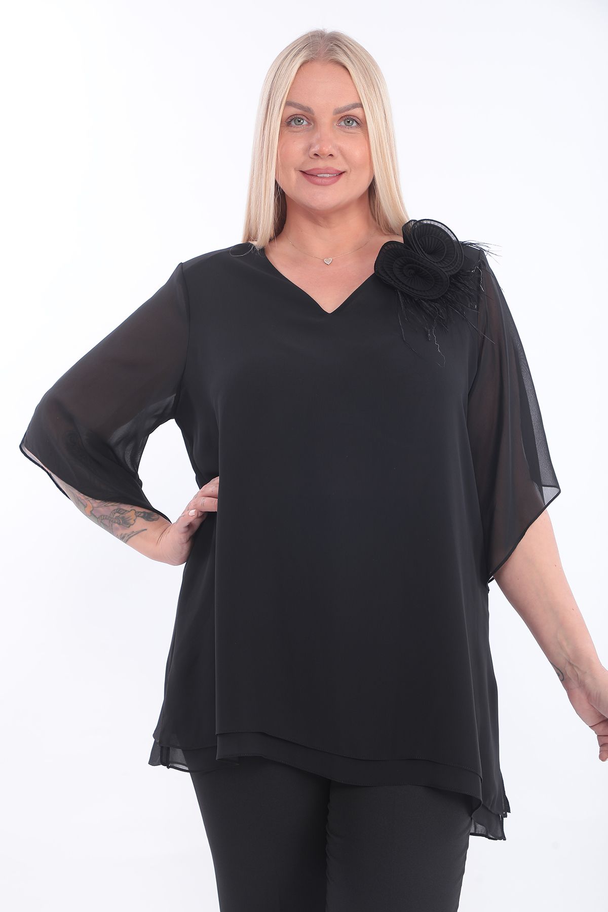 KİFAYET 22502 Tüylü Çiçek Broşlu Kısa Kol Şifon Abiye (R) (C104)