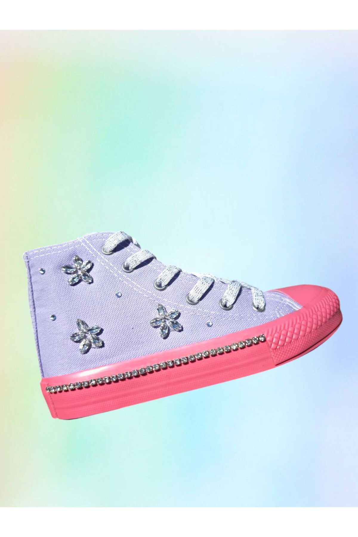 LİASSHOES parlak çiçek taşlı lila pembe taban keten bağcıklı çocuk spor ayakkabı sneaker