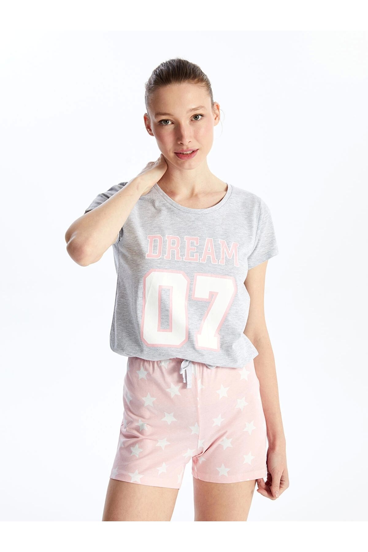 LC Waikiki LCW DREAM Pembe Bisiklet Yaka Baskılı Kısa Kollu Kadın Şortlu Pijama Takımı