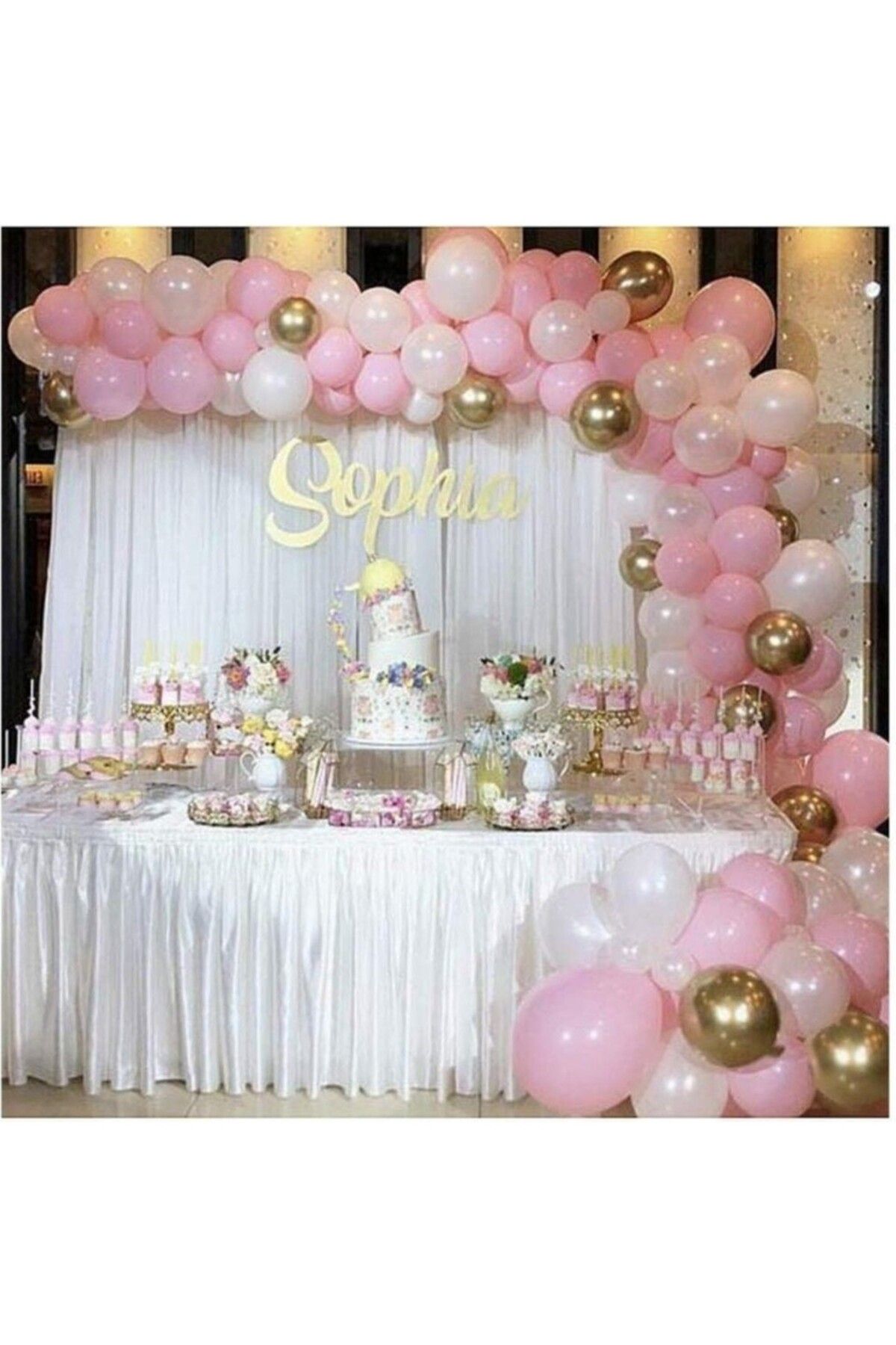 Papatya Party 50' Li Pembe-Metalik Beyaz-Krom Gold Doğum Günü Konsepti Balon Zinciri Seti