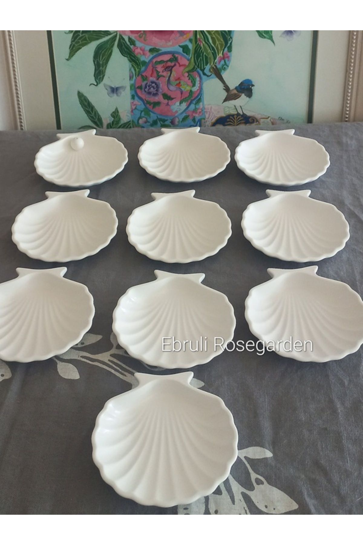 Ebruli Rosegarden 10 ad İstridye Deniz Kabuğu Dekoratif Beton Tabak Beyaz Ve Mavi Vanilyalı Tealight Mum Nişan Düğün