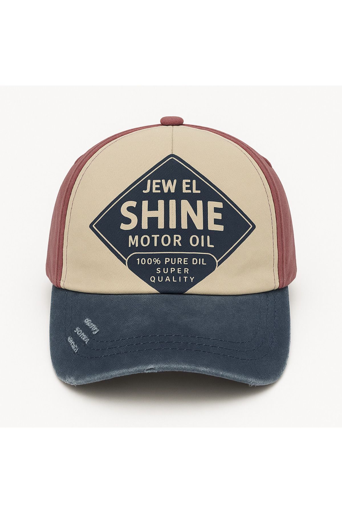 NO BRAND Vintage Motor Style Şapka – Bordo & Lacivert-Eskitme Detayli