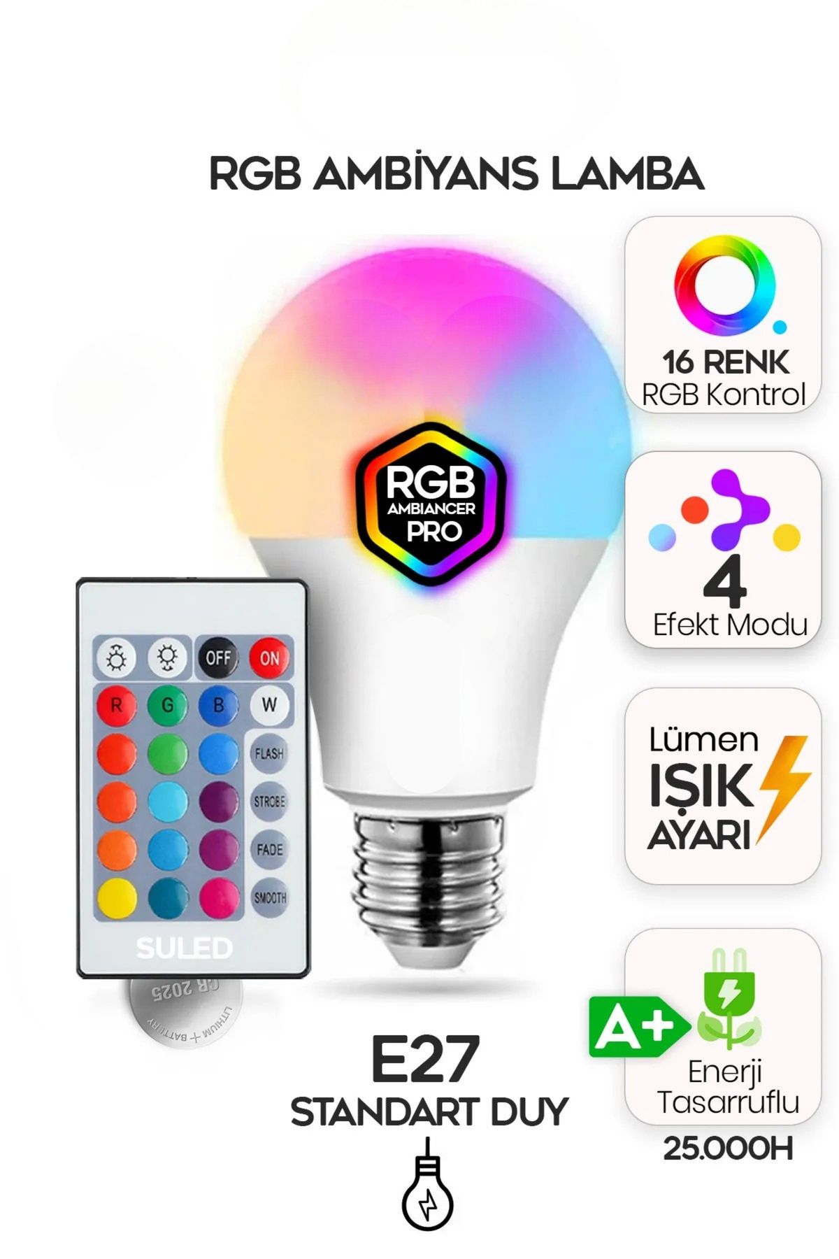 Beyyine Home Rgb Led Lamba Kumandalı Ambiyans Aydınlatma Tasarruflu Renk Değiştiren Led Işık