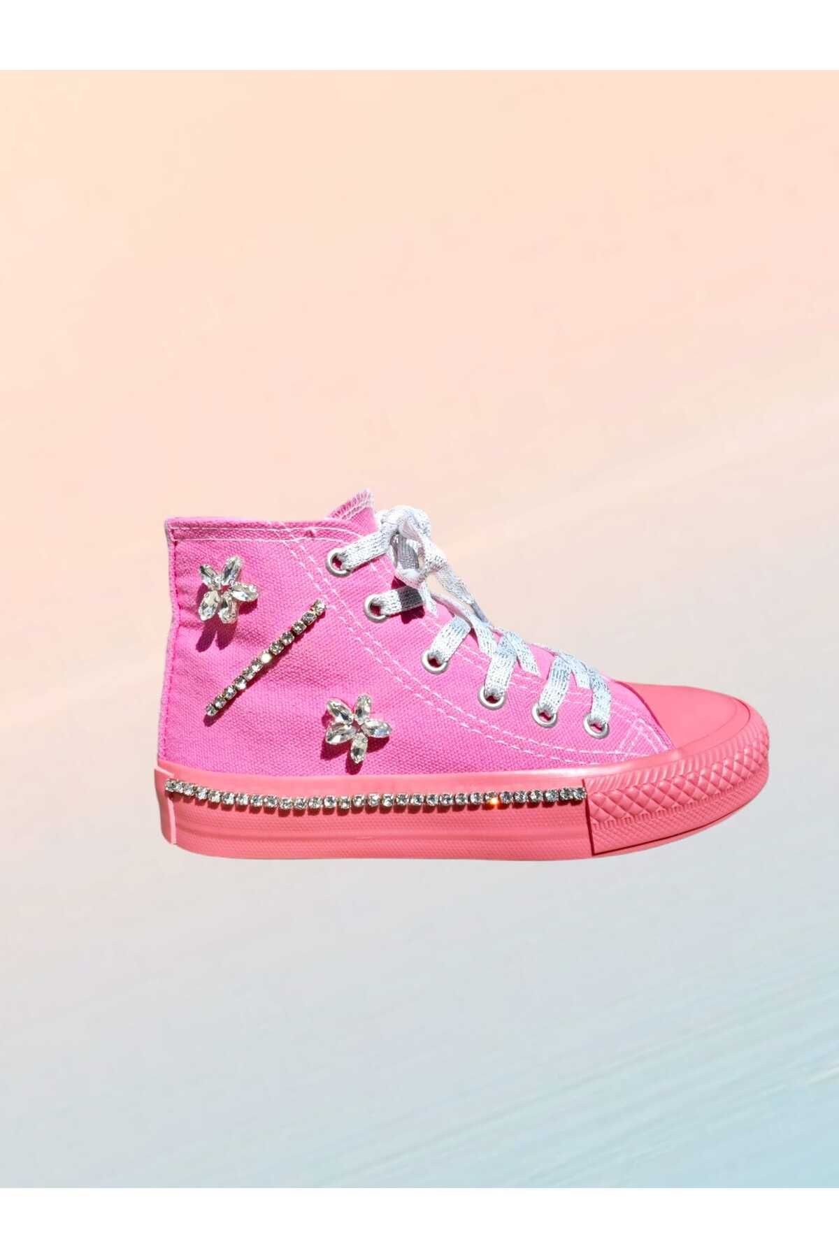 LİASSHOES parlak çiçek taşlı taban parlak taş pembe pembe taban keten bağcıklı çocuk spor ayakkabı sneaker