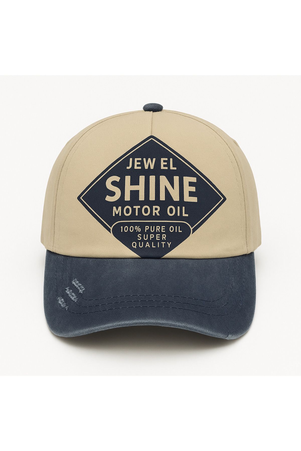 NO BRAND Vintage Shine Petrol Patch Erkek Şapka – Bej Lacivert-Eskitme Detaylı