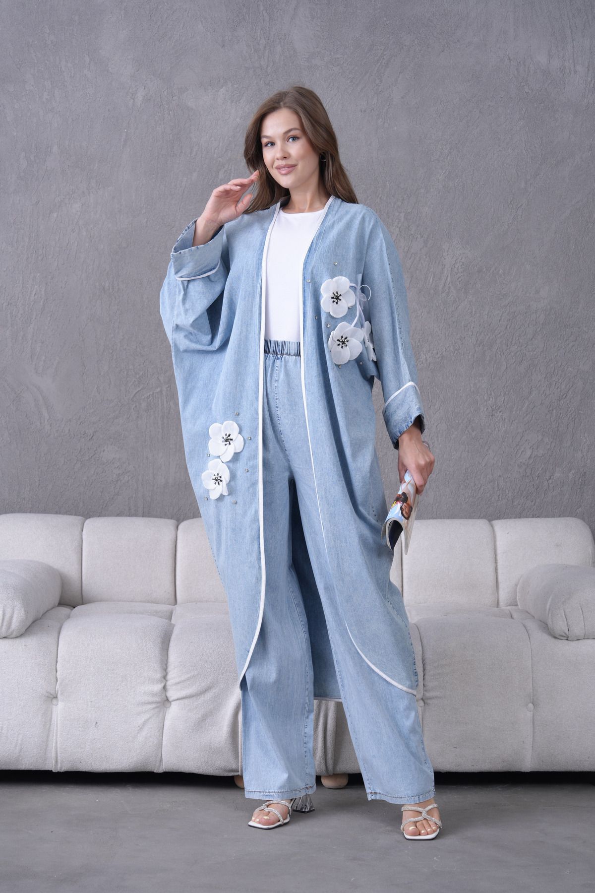 Miss Allos Kadın Önü Fiyonk Kurdeleli Çiçek İşlemeli Taş Detaylı Kot Kimono Hırka Ve Kot Pantolon Alt Üst Takım