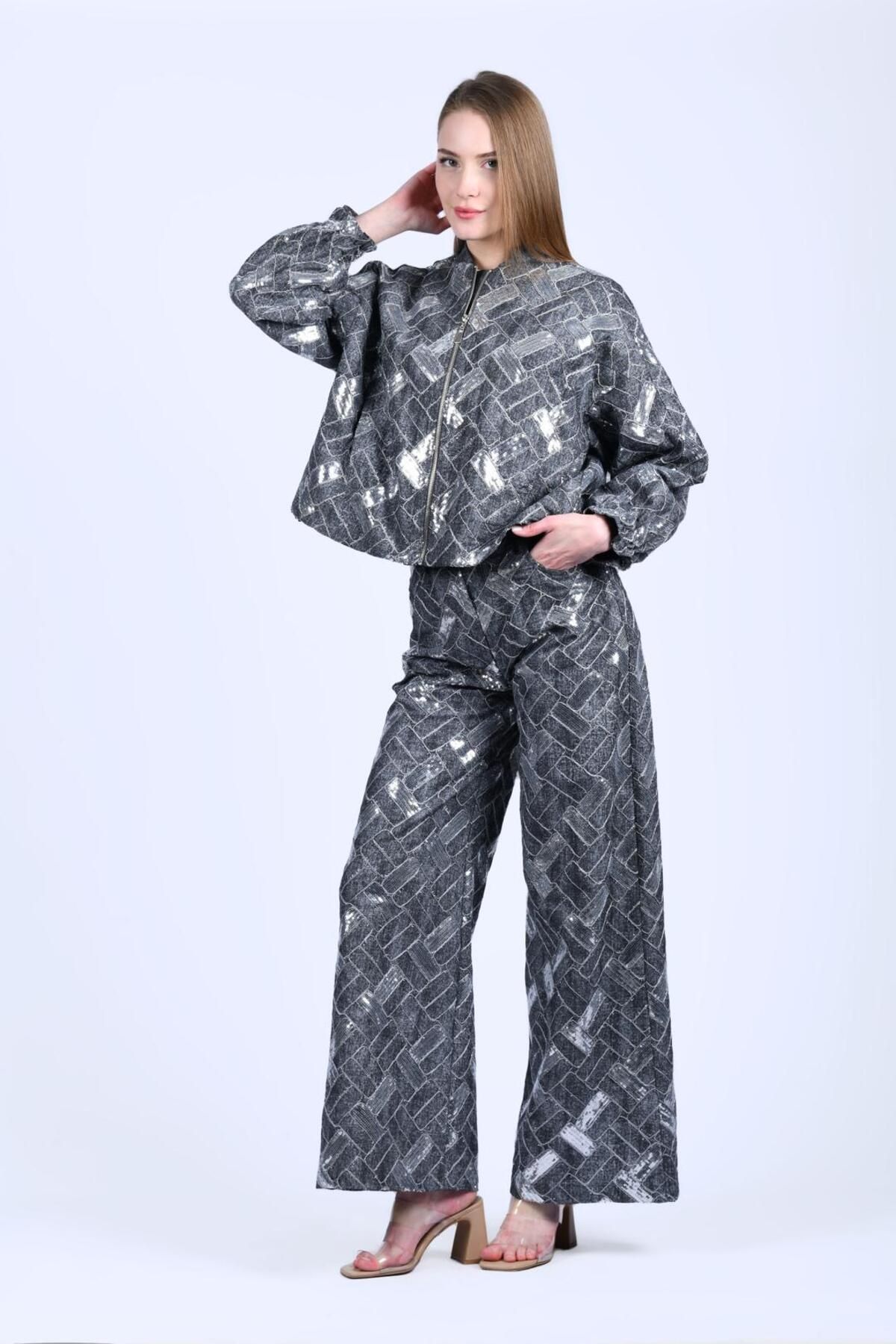 la luce Siyah Payetli Bol Kot Pantolon - QP172