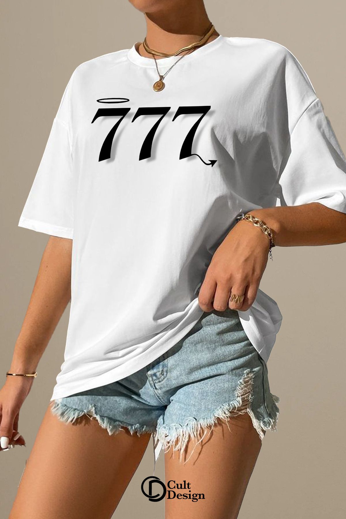 CULTDESİGN 777 Unisex KADIN/ERKEK Özel Premium Baskılı Basic, Organik Pamuklu, Bisiklet Yaka T-Shirt