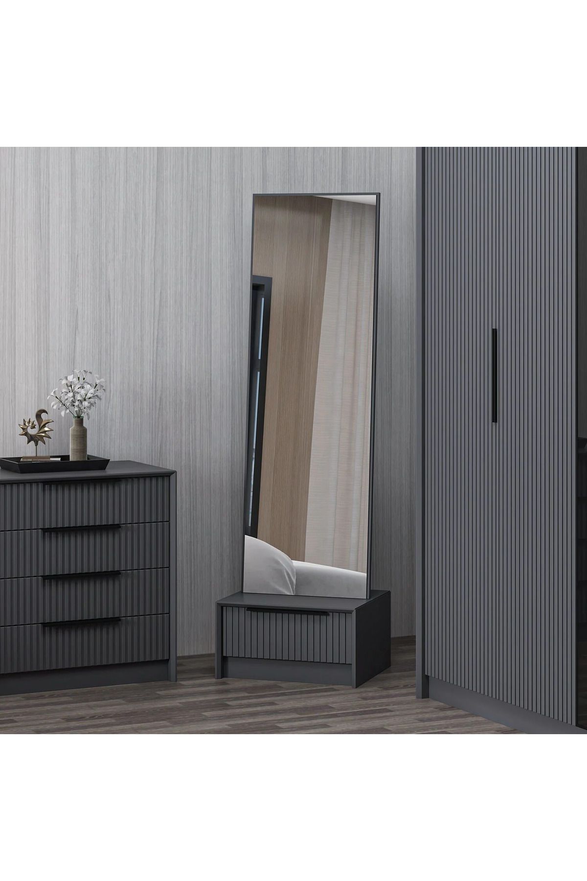 Furnitime Soft Kenarlı Mebran Kapaklı Boy Aynası - Antrasit Renk