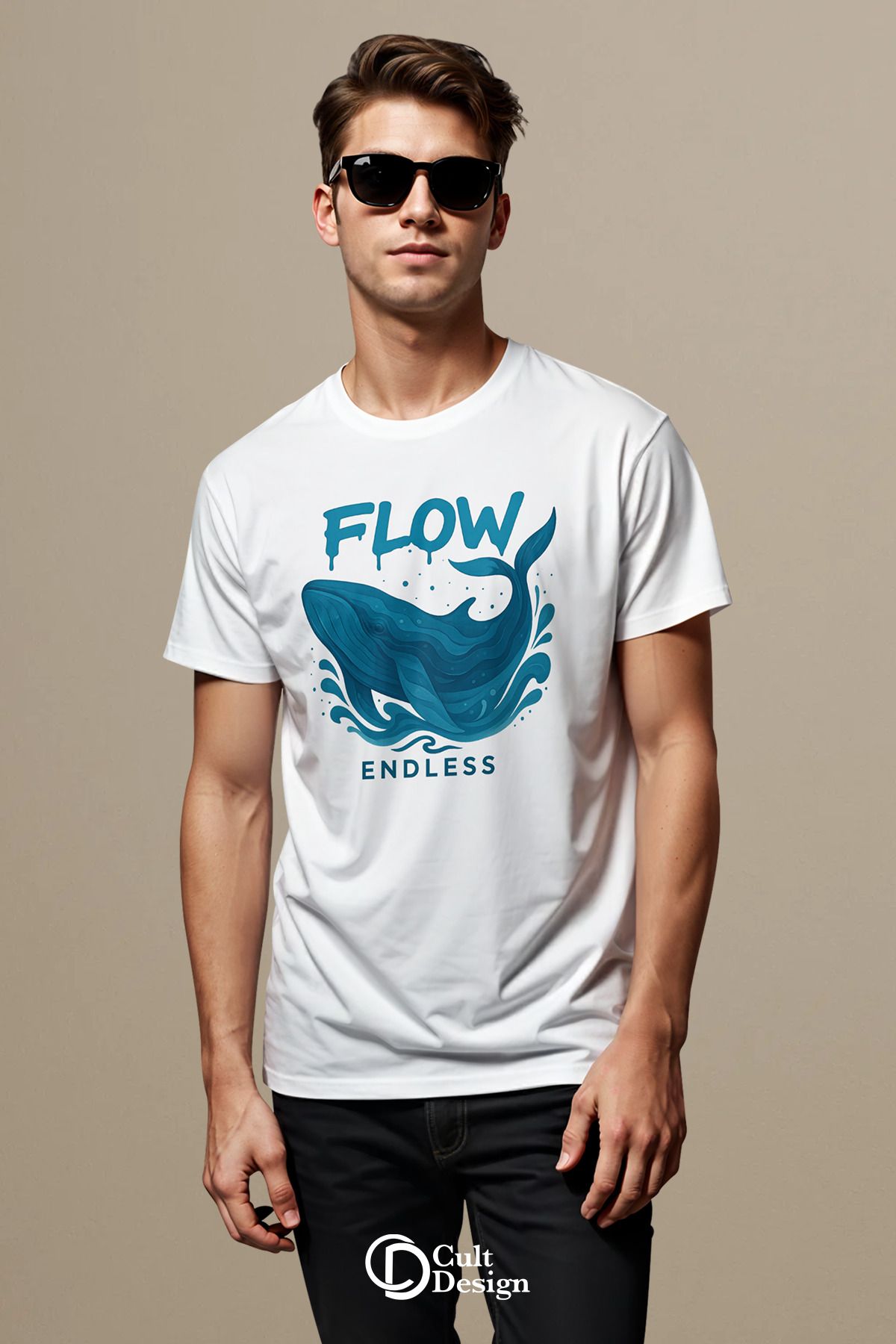 CULTDESİGN FLOW BALİNA ERKEK Özel Premium Baskılı Basic, Organik Pamuklu, Bisiklet Yaka T-Shirt
