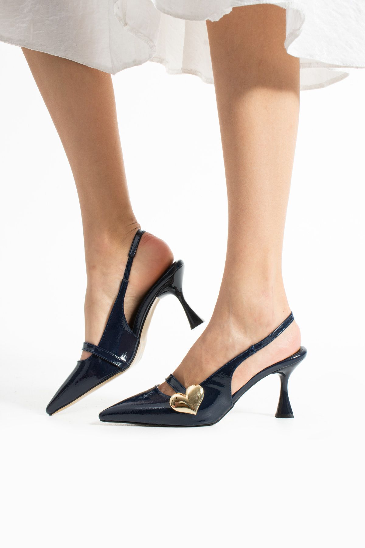 Güllü Shoes Şık Lacivert Kalp Tokalı Kadın Topuklu Ayakkabı Rugan Görünümlü Vegan Deri Rahat 7cm Stiletto