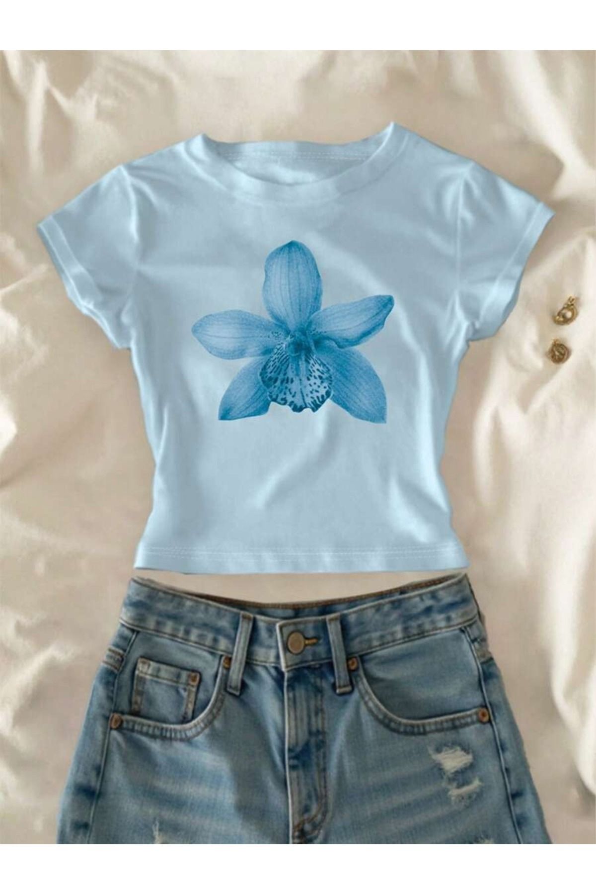 JANSO GROUP - KADIN BASKILI KISA KOLLU CROP TSHIRT PAMUKLU 12
